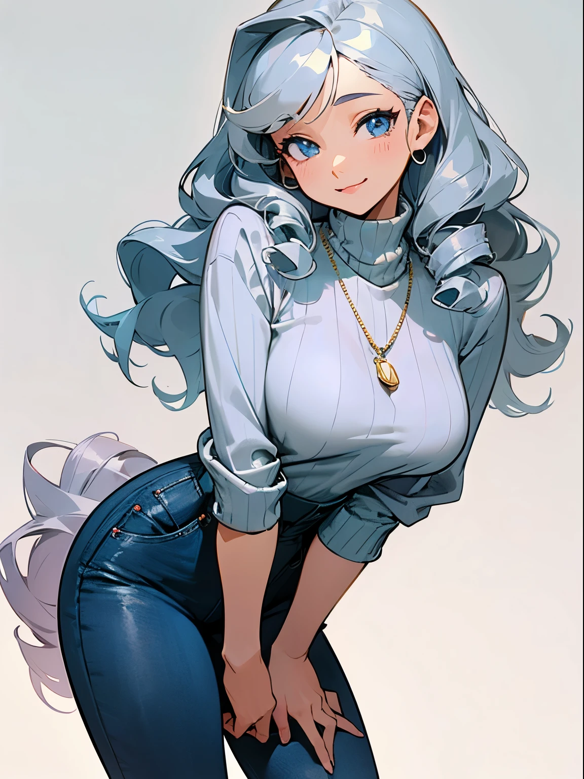 , Blue archival art style , Soft faded color , cell shadow , soft, pastel tones ,pastel colors ,A beautiful and sexy woman,Long gray wavy hair, drill curl, side swept bangs, sharp looking blue eyes, light skin, Smile, in a turtleneck sweater, Cropped jeans, Fishnet stockings and pearl necklace, Blank background