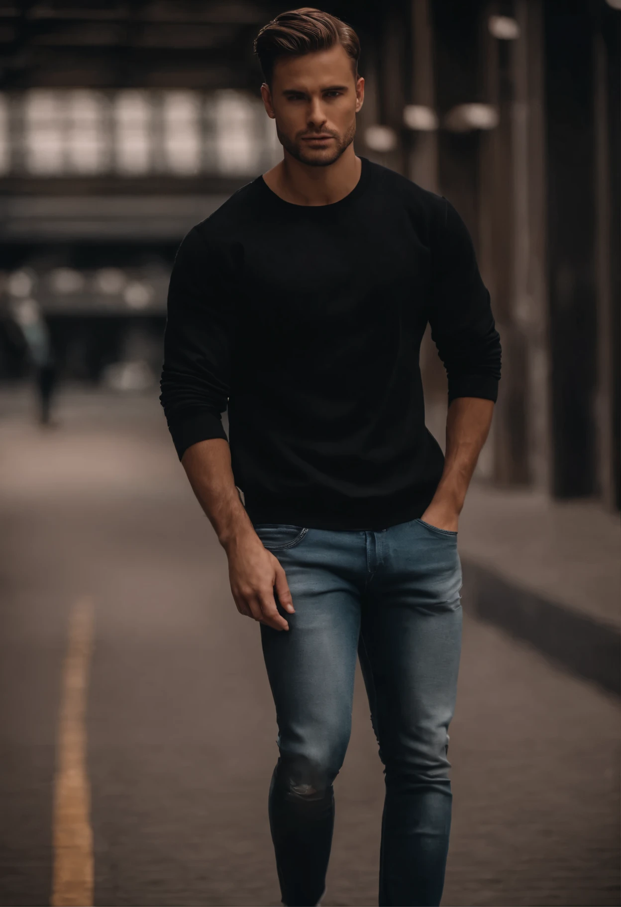 30 year old classy gentleman, wearing an all black sweatshirt. Denim Jeans, all white sneakers, dark studio background, next to him: two beautiful girls in black Bikinis with high heels. Girls trying to touch the man with their hands