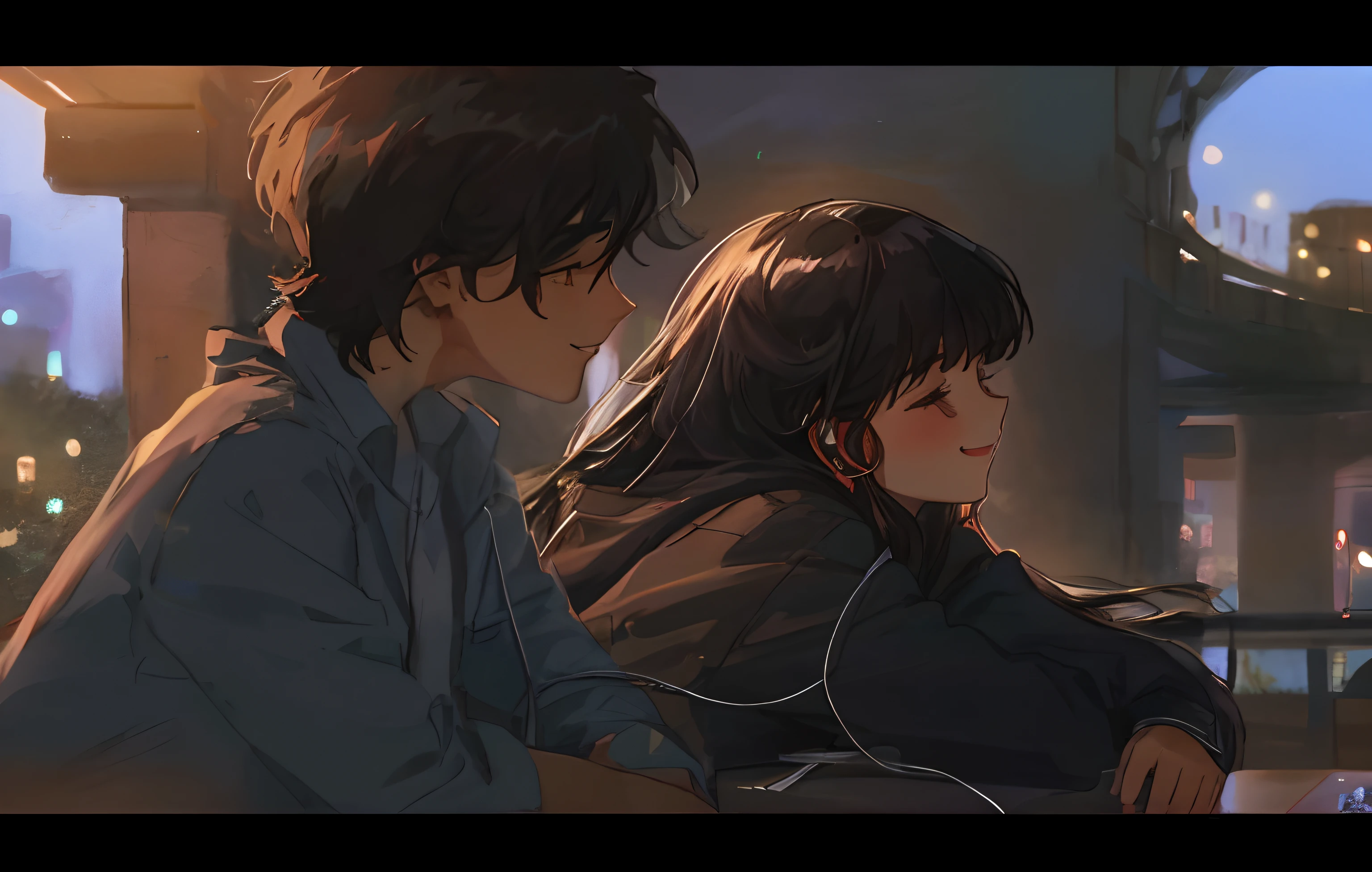 a couple, 1 boy and 1 girl, using white headphones, the boy grins and glances the girl, the girl smiles and closes her eyes, they have black hair, the girl has bangs and long hair, night, fine illustration, (( masterpiece )), (( best quality )), (( detailed )), retro anime style, soft light