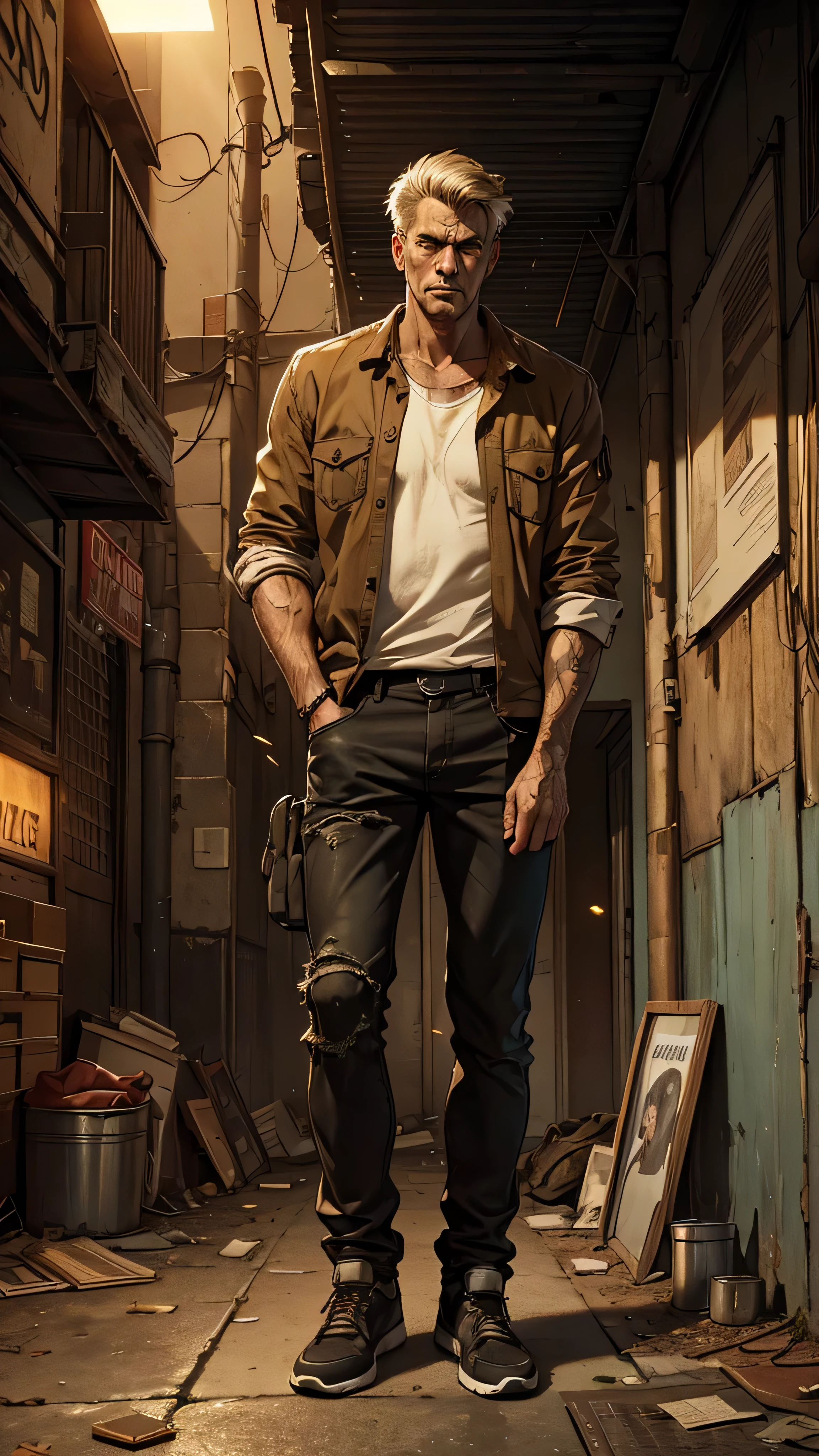 (best quality,4k,8k,highres,masterpiece:1.2),ultra-detailed,(realistic,photorealistic,photo-realistic:1.37),portrait,moody lighting,overwhelming fatigue,detailed facial expressions,disheveled appearance,cityscape in the background,exhausted eyes,sweat on forehead,heavy shadows,subtle texture in the skin,carefully crafted wrinkles,unbuttoned shirt,stressed posture,dramatic composition,sepia tone,hazy atmosphere,gritty details,long hours,weariness and determination,resolute gaze,urban setting,hard day's work,subdued colors,dusty ambiance,concrete wall,neon lights glowing,dilapidated surroundings,loneliness,bitterness,desire for respite,urban decay,grungy aesthetic,worn-out shoes,solemn and tired face,cigarette in hand,life's wear and tear,repose in the urban chaos,signs of perseverance and resilience