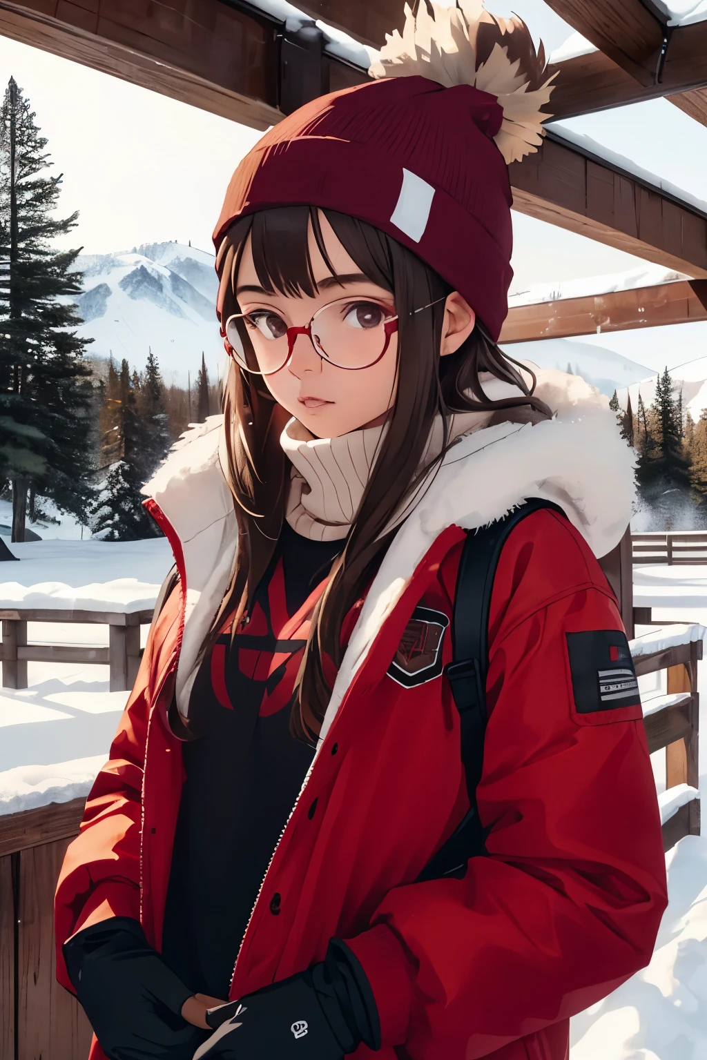 ((best quality)), ((masterpiece)), (detailed), perfect face, age brown girl, golden glasses, cream beanie, girl, dark brown skiing jacket, red skiing gloves, white sweatpants, red skiing gliders with red and black skiing sticks on a backdrop of snow with a wooden cabin with a snowy roof on the left and a few pine trees on the right. standing and look slightly to the left. full photo. digital art. Girl