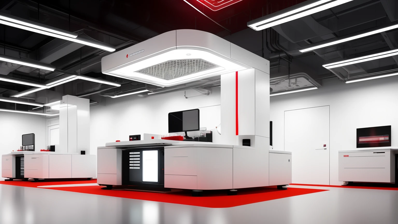 white future technology, white background,
technology work, robot, red, work office