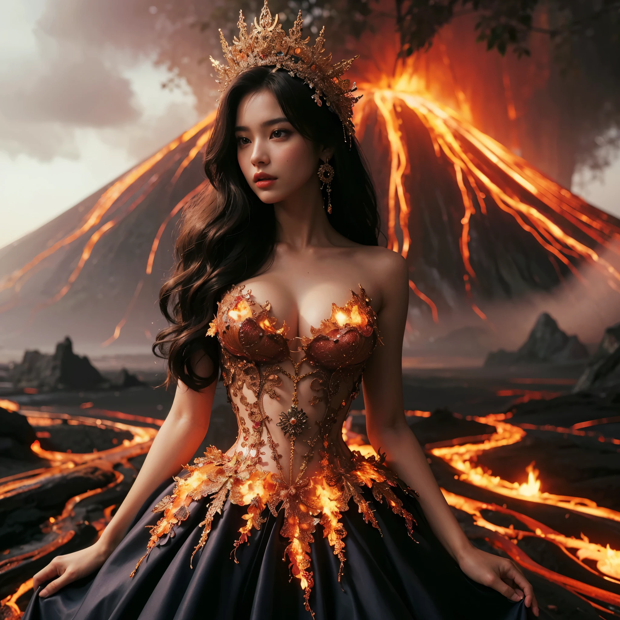 arafed woman with bustier gigantic breast in a
Tight fire corset and flame dress in front of a building, wearing an ornate outfit, ornate dress, intricate dress, elegant flame corset, ornate and elegant, extravagant dress, inspired by Hedi Xandt, ornate attire, intricate outfit, ornate royal gown, ornate clothing, ornate gown, intricate and elegant, intricate detailed dress, ornate , royal dress, detailed hand, detailed finger, Fire in the body, Fire on the dress, Fire element, Transparent clothing, masterpiece, best quality:1.2),,(8k,highres,RAW photo,realistic,photo-realistic:1.3),(detailed skin texture,detailed cloth texture,detailed flame texture, beautiful detailed face:1.25),professional lighting,photon mapping,beautiful soft light,radiosity,physically-based rendering,raytracing, model shoot style, model shoot style, (extremely detailed CG unity 8k wallpaper), full shot body photo of the most beautiful artwork in the world, NSFW, Nude, Naked, nipple
