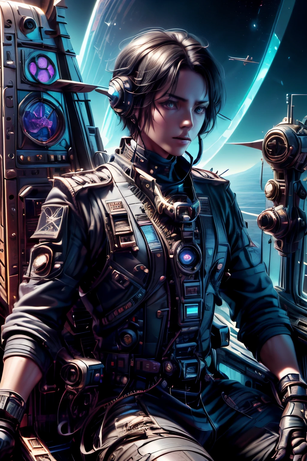 "science fiction, （male pilot:1.5) (short black hair:1.1) (Sit in the cockpit of an airplane:1.5), (Determined eyes:1.3) (Toned body:1.1) (Precision dial instrument:1.5) sky flier, distant planets, 未来派science fiction小说, misterious ambience, (otherworldly charm)"