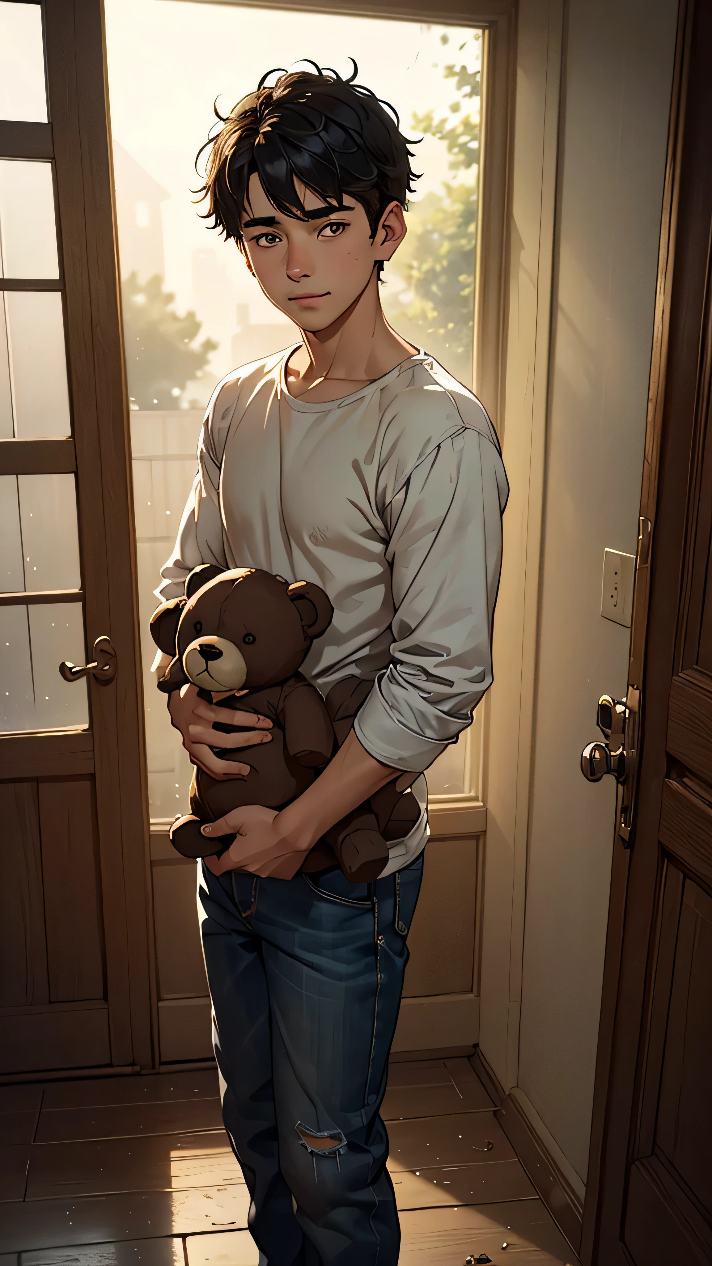 (best quality,4k,highres,masterpiece:1.2),ultra-detailed,realistic, a young boy standing by the door with a hopeful expression, eagerly waiting for his father, dimly lit room, warm color tones, bright sunlight gently streaming through the window, casting soft shadows on the floor, dusty old wooden door with peeling paint, boy wearing a worn-out striped shirt, messy hair, shiny eyes filled with anticipation, nostalgic atmosphere, heavy rain pouring outside, raindrops slowly sliding down the window, creating a blurred effect, father's silhouette seen through the frosted glass, boy's fingers slightly touching the glass, reflecting his longing, scattered toys on the floor, a teddy bear tightly held in the boy's arm, signifying his comfort and companionship, the sound of a ticking clock in the background, emphasizing the passage of time, a hint of a smile on the boy's lips, symbolizing his unwavering hope.