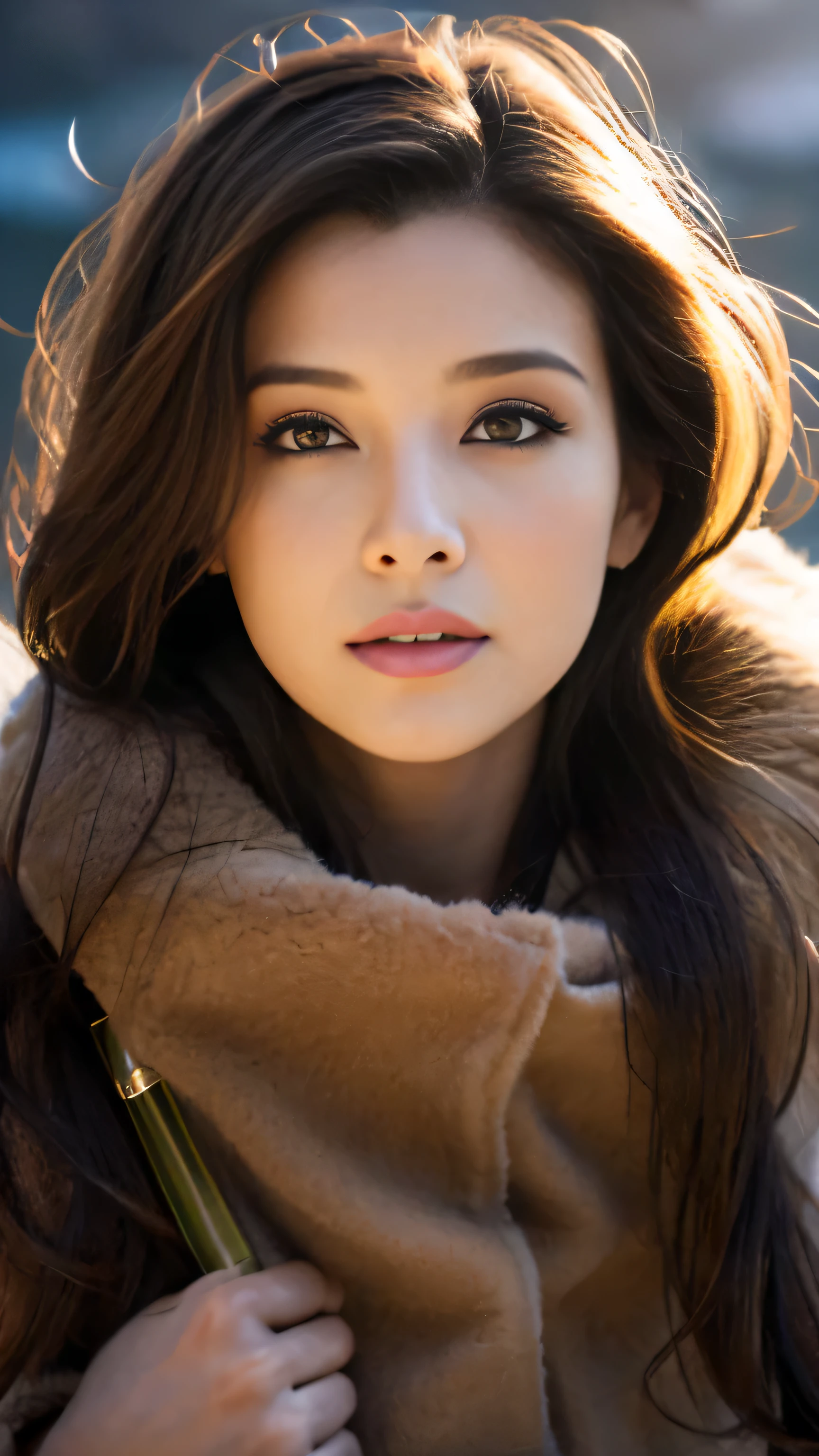 chrrblssm (sharp focus:1.2), photo, attractive young woman, (beautiful face:1.1), detailed eyes, luscious lips, (smokey eye makeup:0.85), wearing (fur coat:1.2) on a (cliffside:1.2). (moody lighting:1.2), depth of field, bokeh, 4K, HDR. by (James C. Christensen:1.2|Jeremy Lipking:1.1).