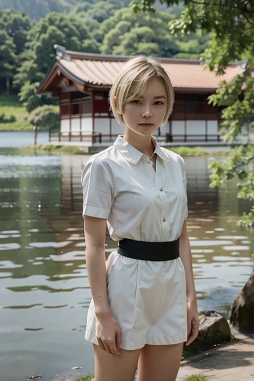 japanese-russian girl with short blonde hair, blurry eyes, standing in front of lake