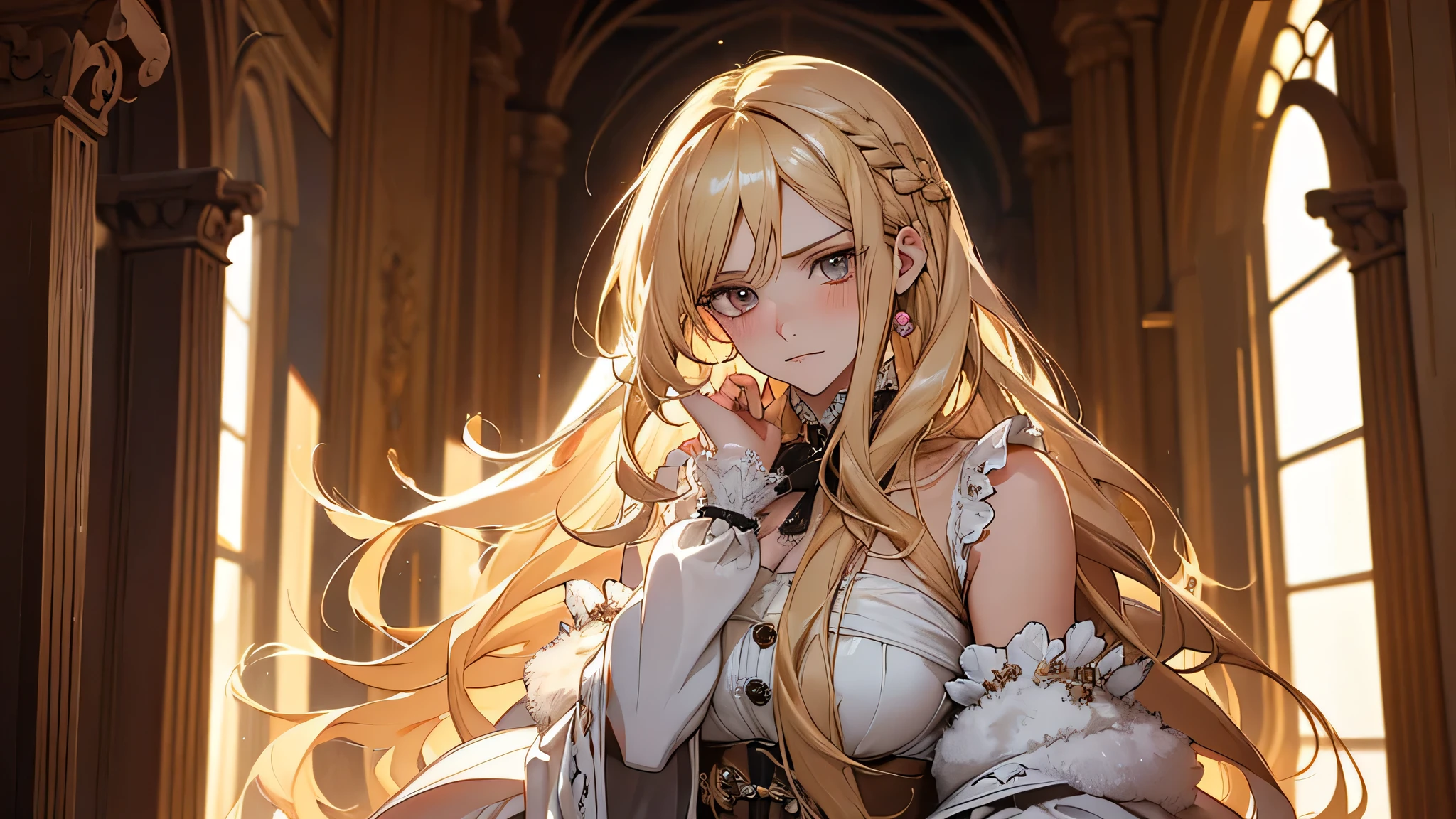 1Women,(Long fluffy blonde hair:1.6),one piece dress,Mature woman,Rich and noble families,In a castle hallway,It was dark,There is moonshine,There are lights in the living room,Ultra-detailed CG,exquisite facial features,Clear facial expressions,Detailed digital anime art,digital anime art,High quality anime art style,Shy, Blush, . She said see you later.Please let her know which of the worst Hiera Glaphicos is assigned to her.