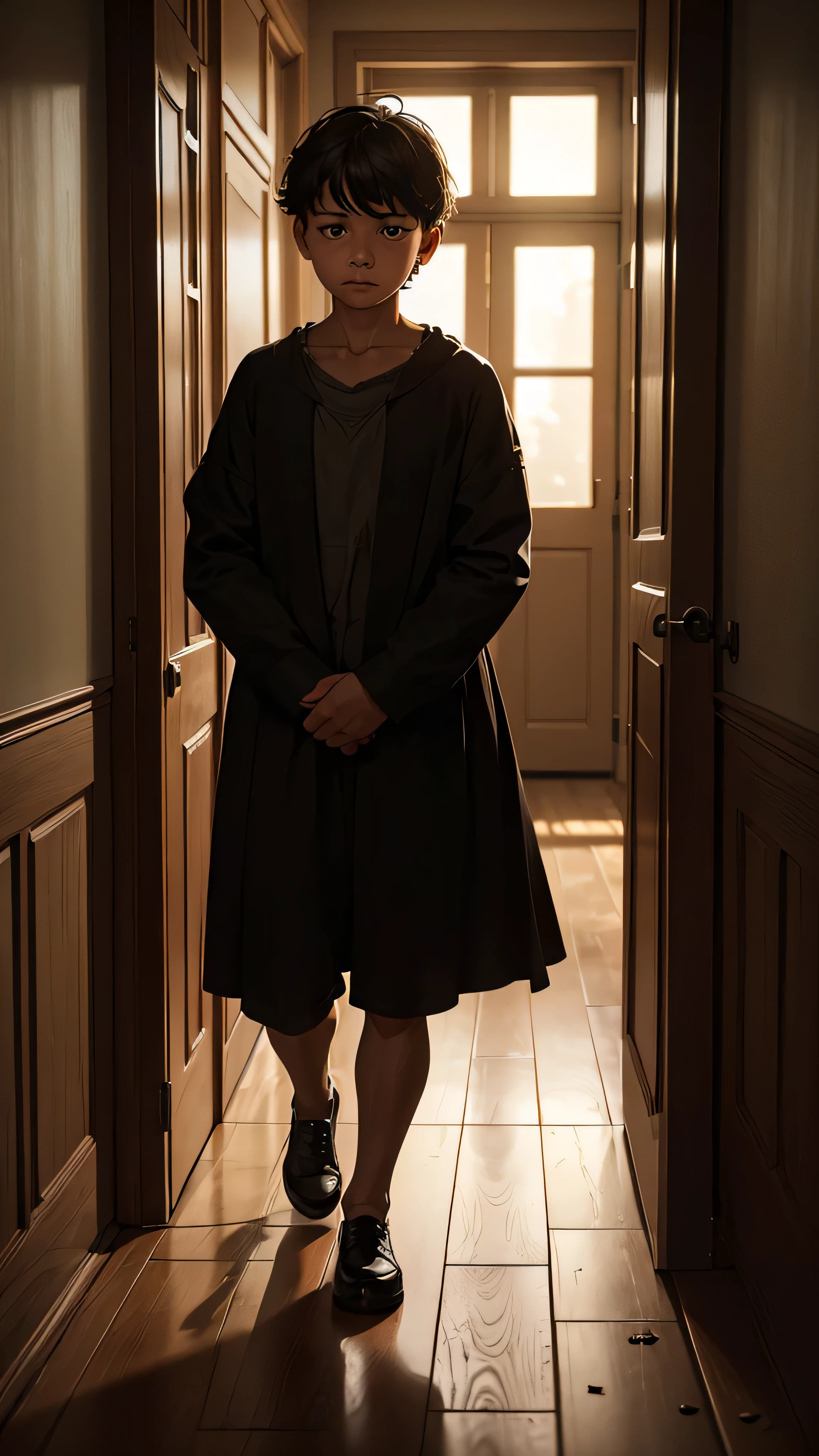 (best quality,4k,8k,highres,masterpiece:1.2),ultra-detailed,(realistic,photorealistic,photo-realistic:1.37),The little boy walking to his room, conveying a sense of disappointment,illustration,oil painting,dark room,solemn atmosphere,shadows,slumped shoulders,droopy eyes,closed fists,gloomy color palette,dim lighting,subtle highlights,grainy texture,emotional facial expression,narrow hallway,French door,reverse light and shadow,loneliness,empty surroundings,creepy dolls in the corner,old wood floor,muted tones,blurry background.