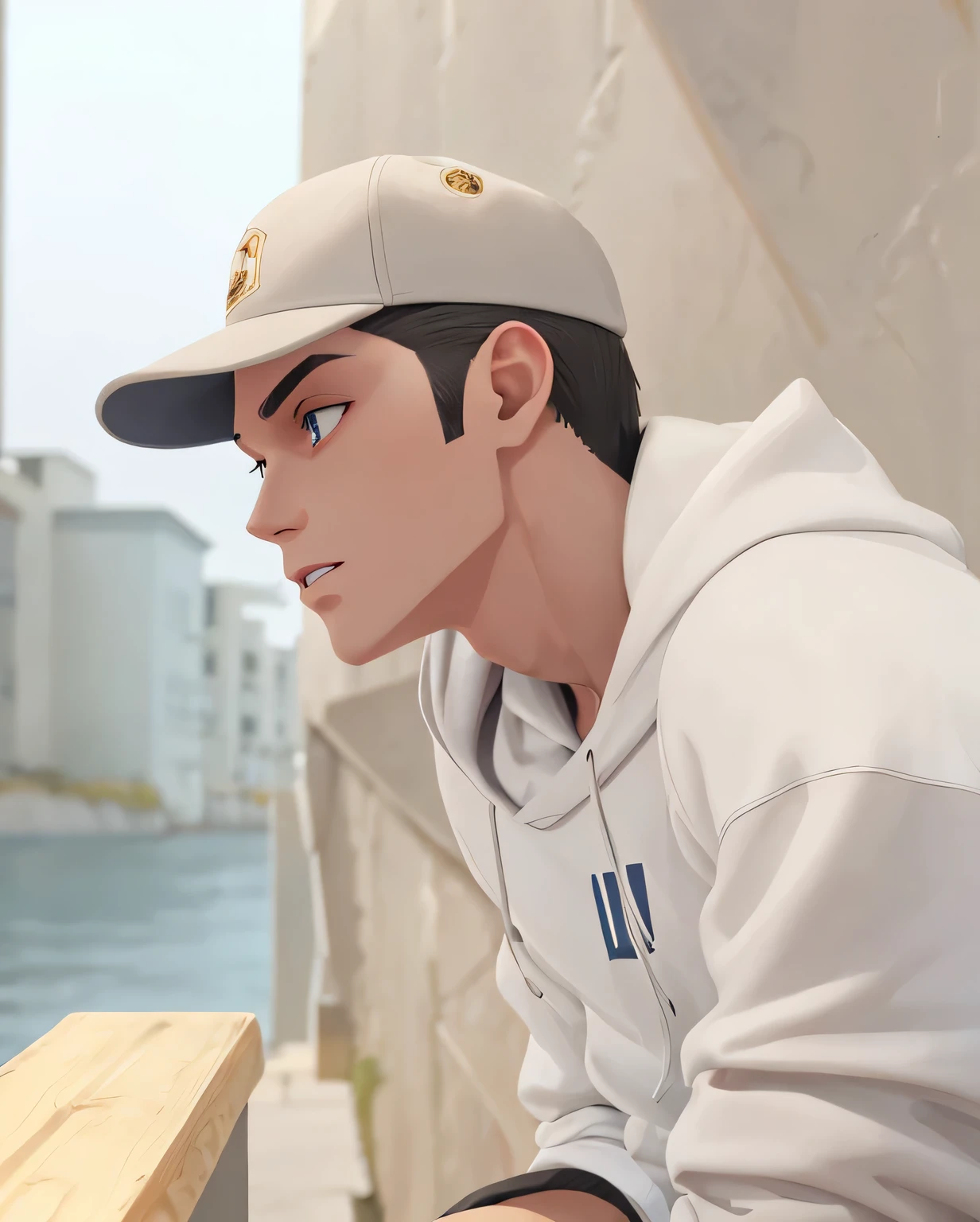 A handsome young guy, side view, cool eyes, wearing a cap, hoodies, look cool, jaw line, bright skin, ultra high quality, ultra high resolution