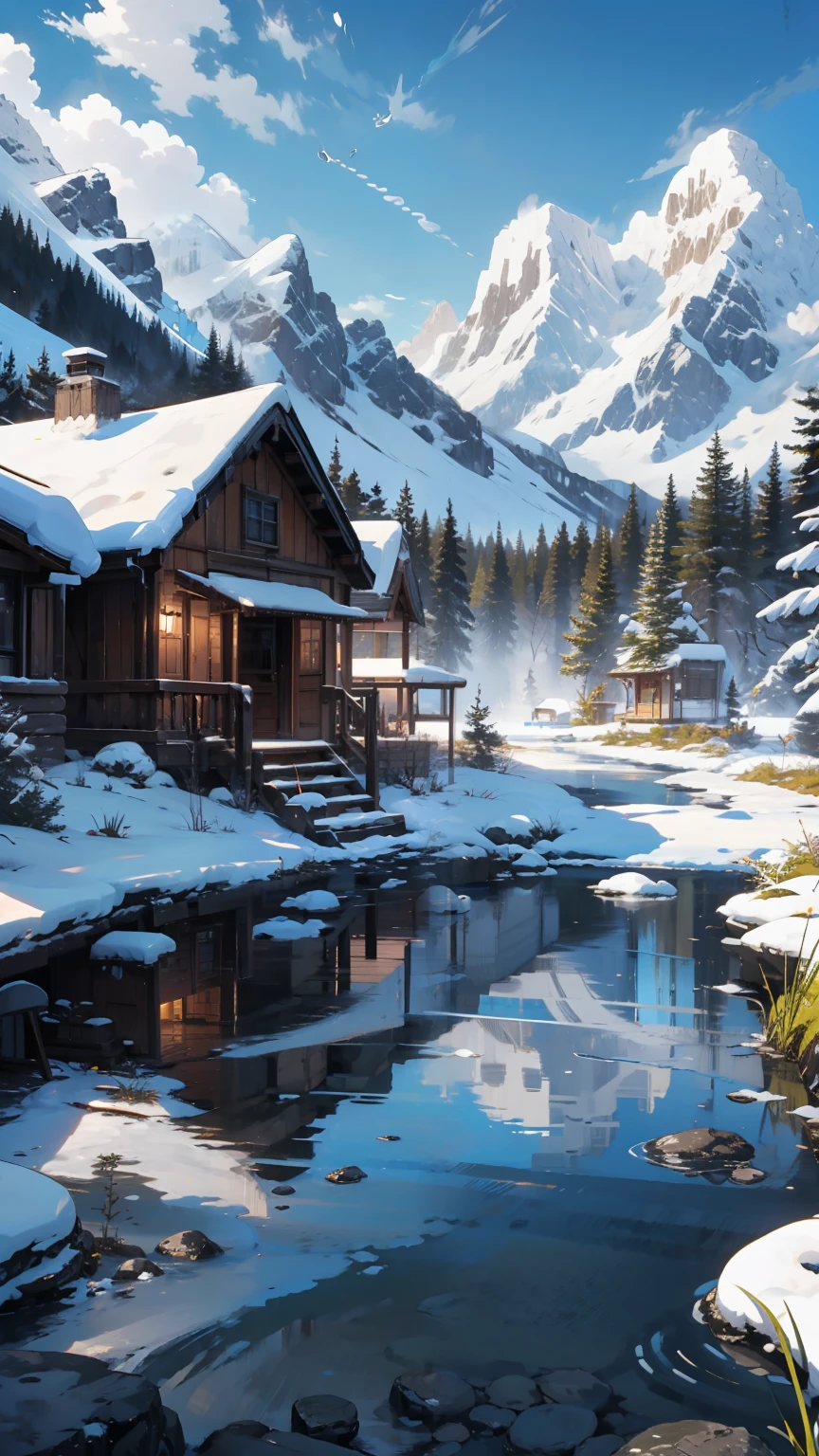 Magnificent scene，Does not contain characters，unmanned，best quality，8k,high resolution,masterpiece,Super detailed,romantic scenery，flowers，View of a hut far away，stream，fantastic，forests and hills，illustration，soft morning light，nature色彩，Quiet environment，subtle reflections，fog，majestic mountains，stream，Butterflies are dancing around，melted by ice and snow，breeze，nature