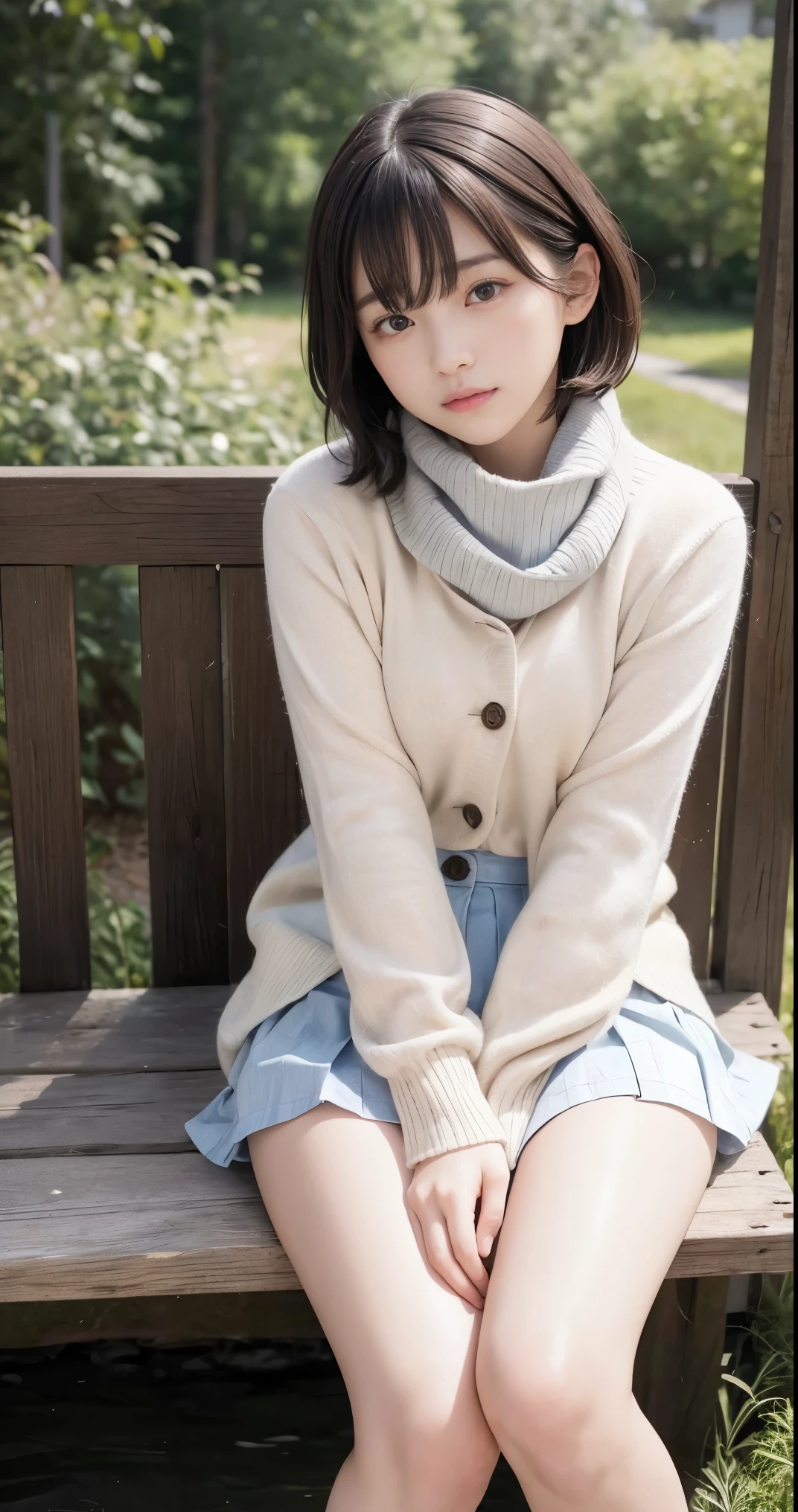 (masterpiece:1.3), (8K, Photoreal, Raw photo, Subject a little far away、best image quality: 1.4), Winter outdoor、20 years old 1 female、((Full body shot down to the toes))、healthy slim body shape、(tight legs)、super detail face、Detailed and moist eyes、(cute smile)、Transparent white skin、look at the viewer、shining hair、Full body Esbian shot、facing the front、Whole body proportions、random pose、natural makeup、((With bangs、Hair tip wave、bob hair))、(Beautiful woman:1.4)、light brown hair、natural color lip、highest quality、masterpiece、Super high resolution、(Photoreal:1.4)、Scarf、Down jacket、tight sweater、plaid pleated mini skirt、round big breasts、Beautiful raw legs、ankle mini boots、