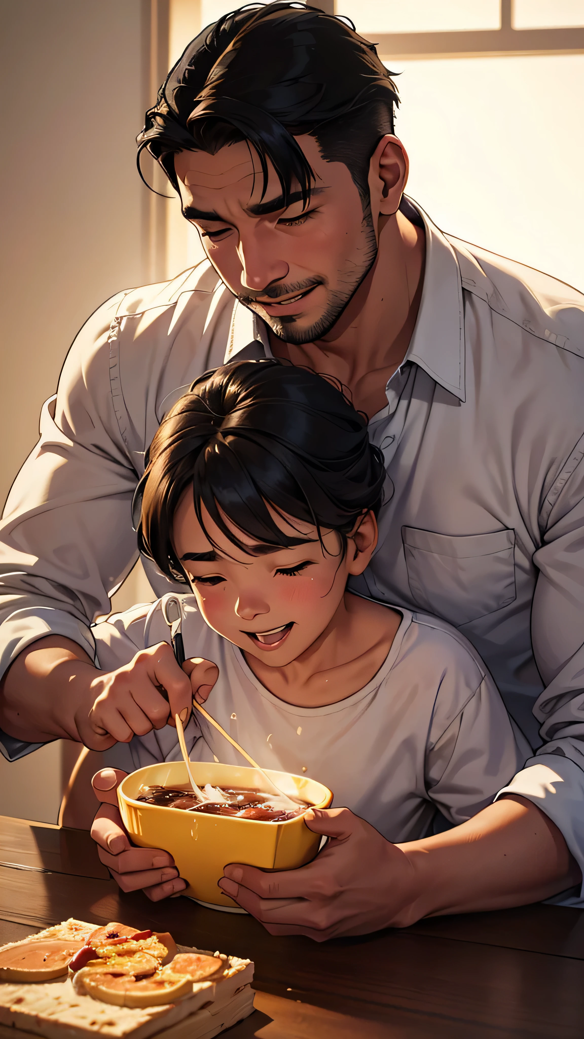 A smiling son,gratitude,change of heart,medium composition,carefully detailed facial expressions,warm lighting,enjoying a happy moment,father and son bonding,melting hearts,expressing love and gratitude,dynamic background emotions,heartwarming and touching,emotional journey,portrait. (best quality,4k,highres,ultra-detailed:1.2),vivid colors,realistic style,emotional depth,meaningful connection,memorable experience,life-changing realization,cherished memories,celebrating life,father's love,son's appreciation.