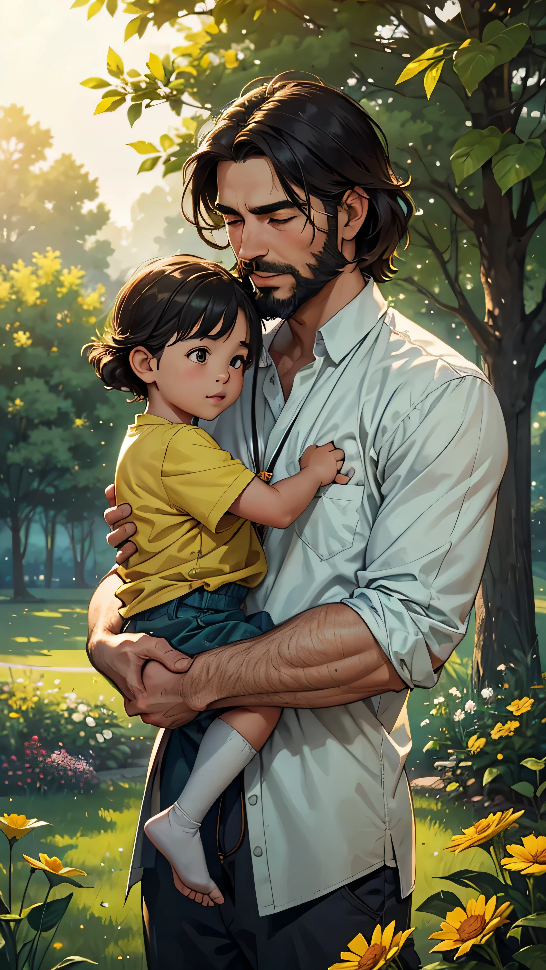 (realization:1.1)A father spending quality time with his child, (best quality,4k,8k,highres,masterpiece:1.2), (realistic,photorealistic,photo-realistic:1.37)ultra-detailed portrait of a father and child bonding in a beautiful park, (bokeh)soft sunlight filtering through the leaves, creating a warm and peaceful atmosphere. The father, (bearded:1.1)with a gentle smile on his face, gazes into his child's eyes with (deep,reflective)profound realization of the importance of this moment. The , (joyful,curious), holds onto a colorful kite string, (fluttering,gently drifting)in the breeze. The father's hands, (strong,yet tender), gently guide and support the , (guiding,teaching)nurturing a sense of security and love. The surrounding scenery is filled with (vibrant,rich)lush green grass, blooming flowers, and (majestic,tall)towering trees. Birds chirp overhead, filling the air with melodies as a representative of the joy and harmony in this moment. The colors are (earthy,warm), with hints of (golden,sunlit)golden light, (casting,evoking)a sense of tranquility and serenity. The composition of the painting highlights the emotional connection between the father and , (capturing,emphasizing)their love and the father's newfound understanding of the importance of cherishing these precious moments.