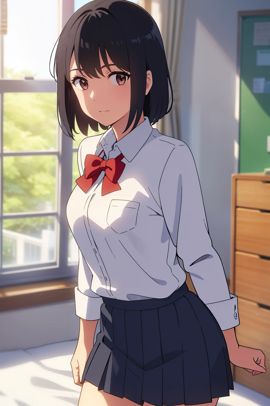 1girl, school uniform, long sleeved white shirt with a pocket and a red ribbon on the collar, medium breast, shirt tucked down, short hair, black hair, brown eyes, cowboyshot, close up, solo, bedroom, looking at the viewer, skirt lift, showing her white panties