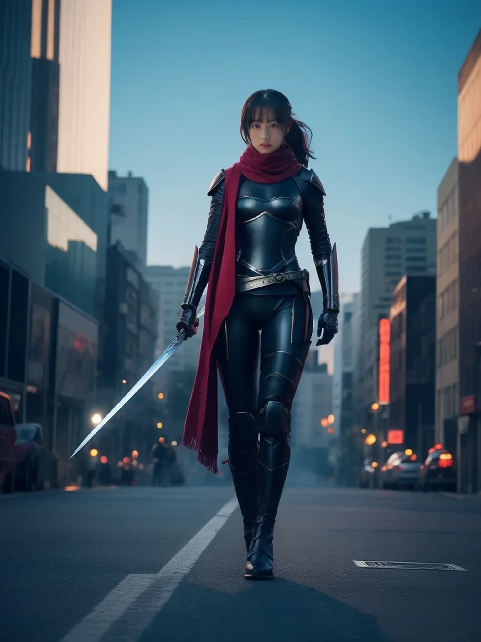 A woman in a black leather costume walking down the street with a sword, Park Shin Hye plays a super villain, IU Lee Ji Eun plays a super villain, movie still 8 K, carries a sword on his shoulder, cinematic full body shot, Alena Aenami and Artgerm, she has a sword, she is ready to fight, Japanese DC live-action movie