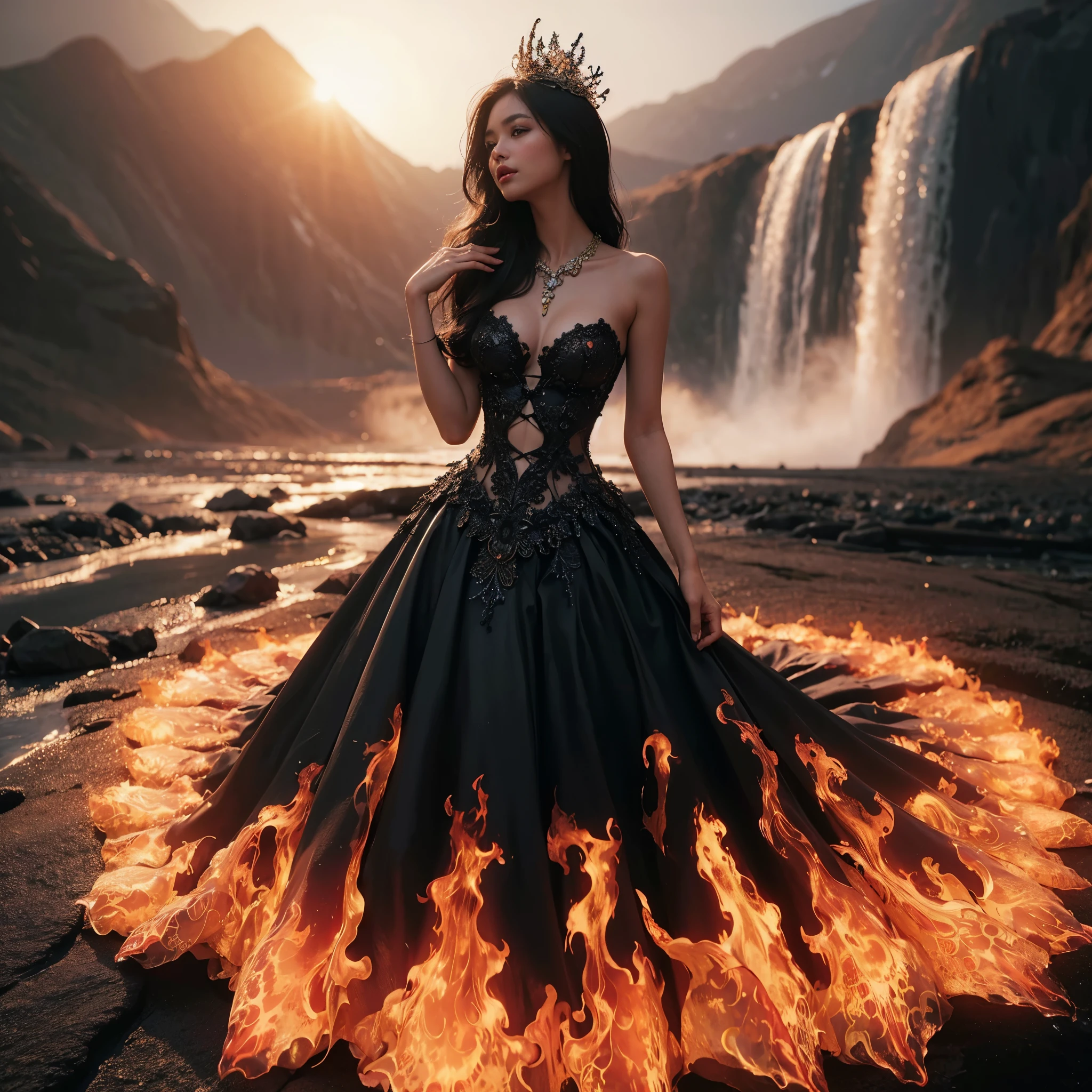 arafed woman with bustier gigantic breast in a 
Tight fire corset and flame dress in front of a building, wearing an ornate outfit, ornate dress, intricate dress, elegant flame corset, ornate and elegant, extravagant dress, inspired by Hedi Xandt, ornate attire, intricate outfit, ornate royal gown, ornate clothing, ornate gown, intricate and elegant, intricate detailed dress, ornate , royal dress, detailed hand, detailed finger, Fire in the body, Fire on the dress, Fire element, Transparent clothing, masterpiece, best quality:1.2),,(8k,highres,RAW photo,realistic,photo-realistic:1.3),(detailed skin texture,detailed cloth texture,detailed flame texture, beautiful detailed face:1.25),professional lighting,photon mapping,beautiful soft light,radiosity,physically-based rendering,raytracing, model shoot style, model shoot style, (extremely detailed CG unity 8k wallpaper), full shot body photo of the most beautiful artwork in the world, NSFW, Nude,  Naked, nipple