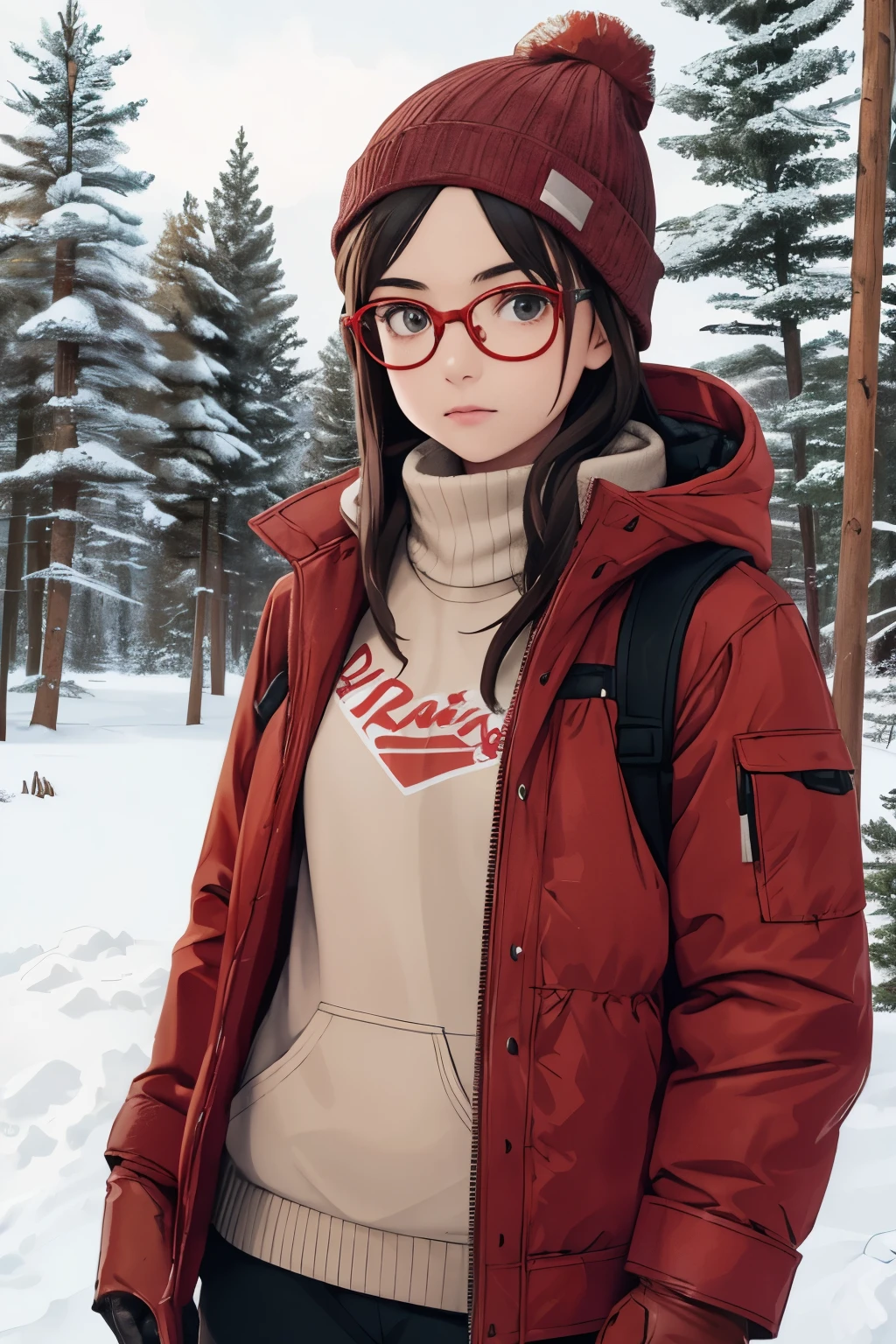 ((best quality)), ((masterpiece)), (detailed), perfect face,  teenage brown girl, golden glasses, cream beanie, girl, dark brown skiing jacket, red skiing gloves, white sweatpants, red skiing gliders with red and black skiing sticks on a backdrop of snow with a wooden cabin with a snowy roof on the left and a few pine trees on the right. standing and look slightly to the left. full photo. digital art. Girl 