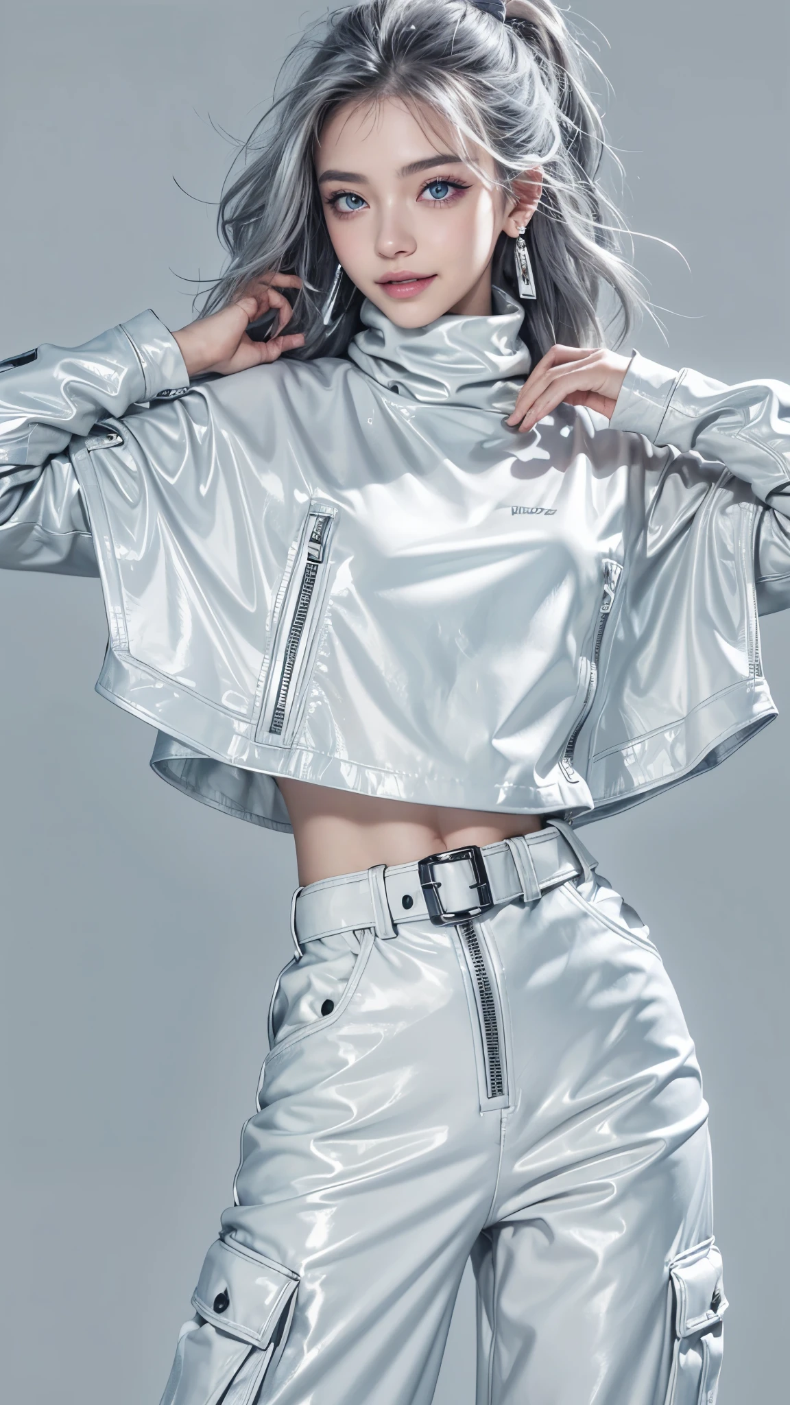 (Realistic:1.2), (fashion portrait:1.6), (brand collection, fashion brand theme:1.6), (detailed, beautiful, masterpiece, best quality:1.2), _ BREAK (1girl:1.2), 22 years old, 160 cm, Japanese cute model, Tightened all body, large Breasts, small head, small face, diamond Face, small nose, Sharp Faceline, Detailed face, Detailed eyes, young hands and fingers, beautiful hands and fingers, five fingers, _ BREAK (happy, smile, Glossy Lips:1.3), (Light color lips, Half open mouth, beautiful Teeth:1.2), (dropy eyes, Double eyelid, light color eyes, Shiny eyes:1.5), Shiny skin, _ BREAK (arranged hairstyle:1.4), (gray hair, shiny hair, _ BREAK (gray background:1.4), mist, fog _ BREAK (wide angle:1.4), (standing, fashion model pose:1.2), focus face, from below, (from front white lightning:1.4), BREAK (Cyberpunk and onepiece and onepiece fusion:1.3), ((wear an oversized black wool turtleneck with rubberized surface) for a luxurious, futuristic, poncho, nylon, and Breaker feel:1.2),(Complex simple maximum poncho:1.2), (Cylindrical poncho:1.2), (A lot of cloth:1.2), (large sleeves:1.2), (7/8 length:1.2), (over sized baggy leather jacket:1.2),(simple yet cyberpunk-themed design:1.3), BREAK (white cargo pants:1.2), (edgy and versatile:1.2),(silver earrings:1.2),