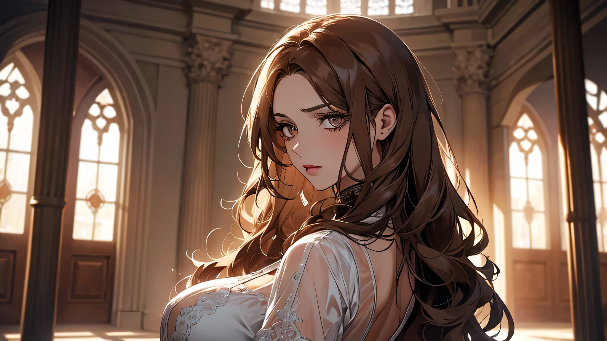 1girl, solo, ,looking at viewer,large breasts,portrait,from side,bad-girl, Long wavy brown hair, hazel eyes, red lips, nice eyeliner, beautiful long eyelashes, Elegant appearance, dressed in a white transparent gown, in the background a black legume room, She got upset and ask not to say such things that will make her uneasy. Slapping Karin’s back lightly, Valeria bid farewell to her friend and headed towards the Magic Academy