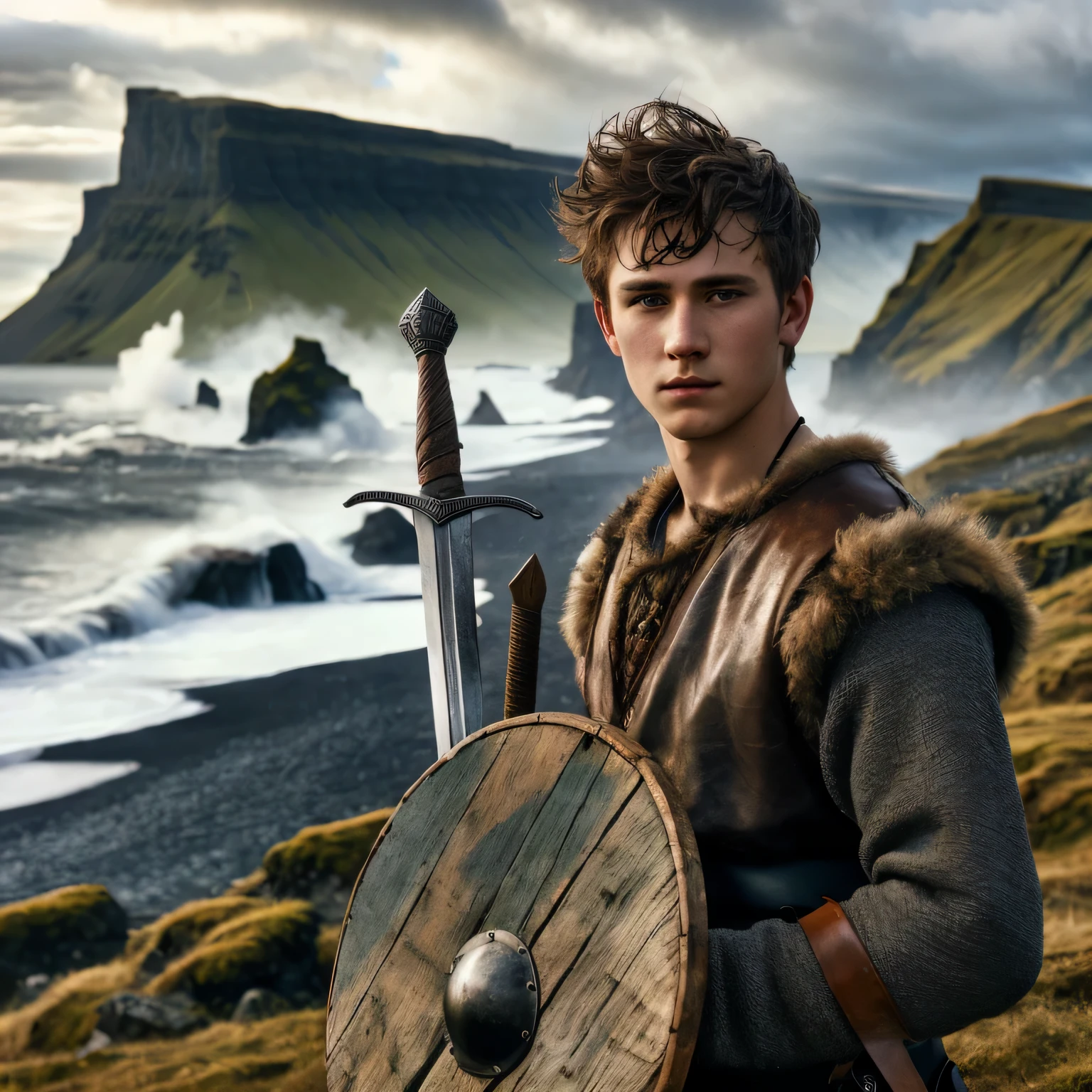 Arafad man in medieval costume holding sword and shield, Inspired by Þórarinn B. Orlaksson, Matte Painting Portrait Shoot, Inspired by Johannes Svensson Kjawal, young adult fantasy novel cover, Nordic warriors, Viking portrait, Nordic style inspiration, Junior Viking Shield Girl, iceland photography
