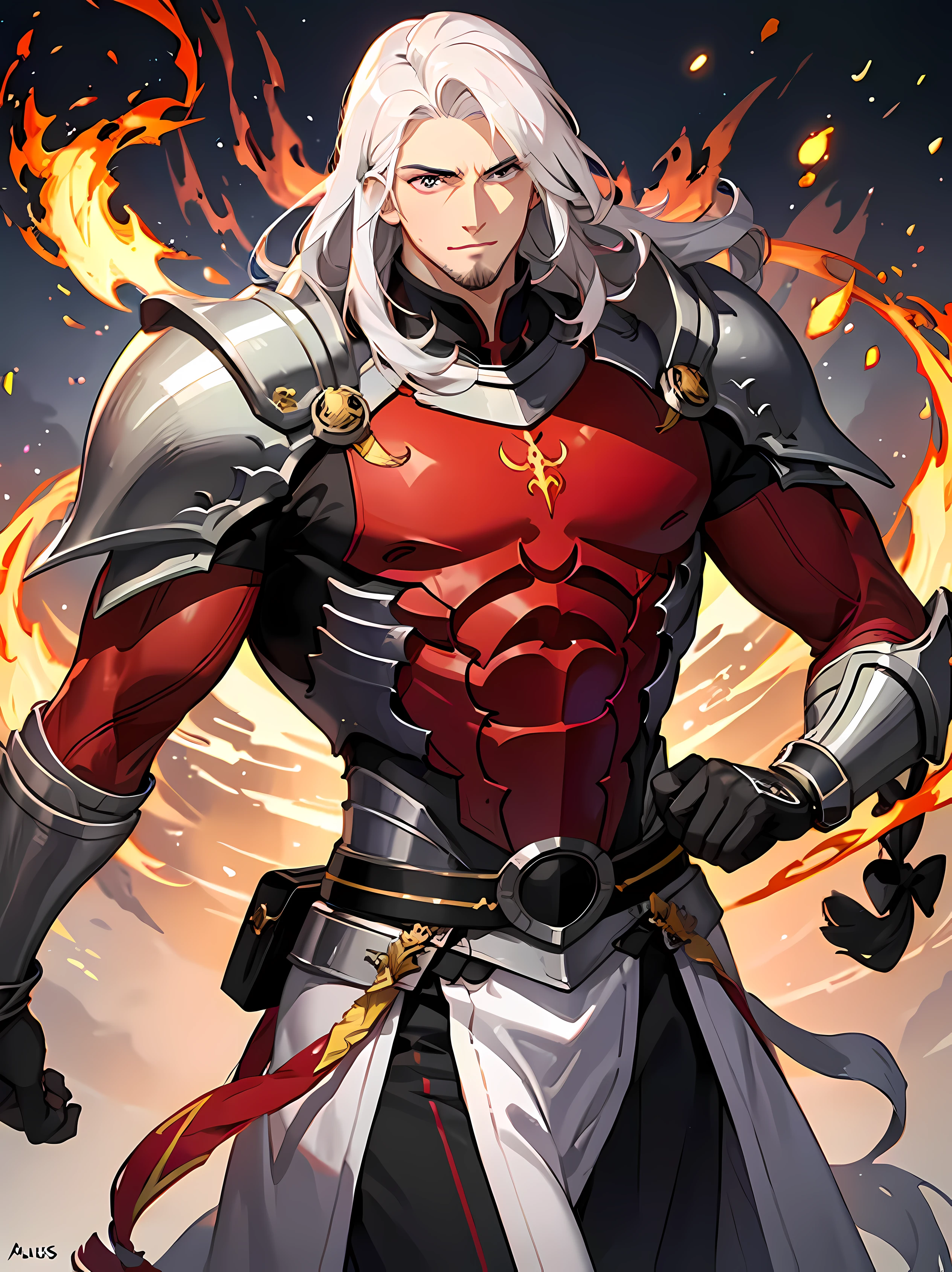 Fire knight, emperor of fire, fire aura, HD, 8K, Fire background, manly muscular man, long white hair, manly looking face, small smile