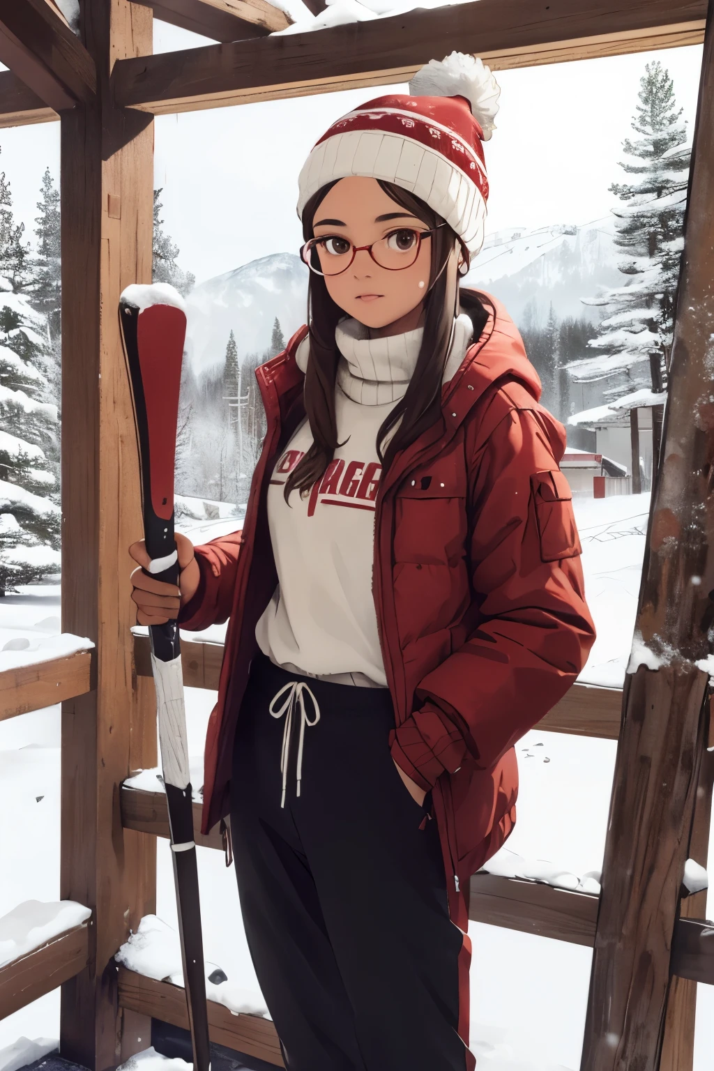 ((best quality)), ((masterpiece)), (detailed), perfect face, age brown girl, golden glasses, cream beanie, girl, dark brown skiing jacket, red skiing gloves, white sweatpants, red skiing gliders with red and black skiing sticks on a backdrop of snow with a wooden cabin with a snowy roof on the left and a few pine trees on the right. standing and look slightly to the left. full photo. digital art. Girl