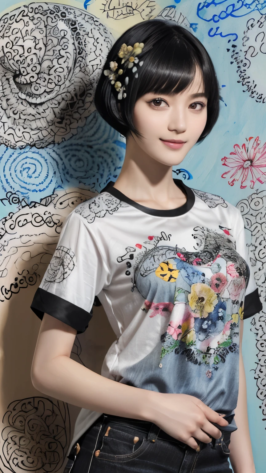 153
(Black Shorthair:1.46), (a 20 yo woman), (A hyper-realistic), (Masterpiece), (8KUHD), (gentle smile), Slender waist, Wearing jeans, ((Floral Clothing - T-Shirts)), Wearing long pants, abstract painting, (doodle:1.46), (brest:1.1), (口紅)