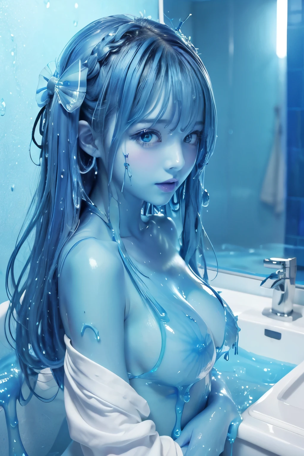 (masterpiece,best quality:1.4),(8k,raw photo,photo realistic:1.2),shiny skin,detailed skin,detailed face,detailed eyes, 1girl,looking at viewer,Japanese idol,extremely beautiful face, LiquidHair, liquid hair, blue mucus floating around, slime girl, covered in blue slime, (partially transparent), (Wet with water), (blue sweat), Slimy blue liquid dripping from her body. Her hair is also covered in blue slime. blue slime scatters, Blue hair, blue eyes