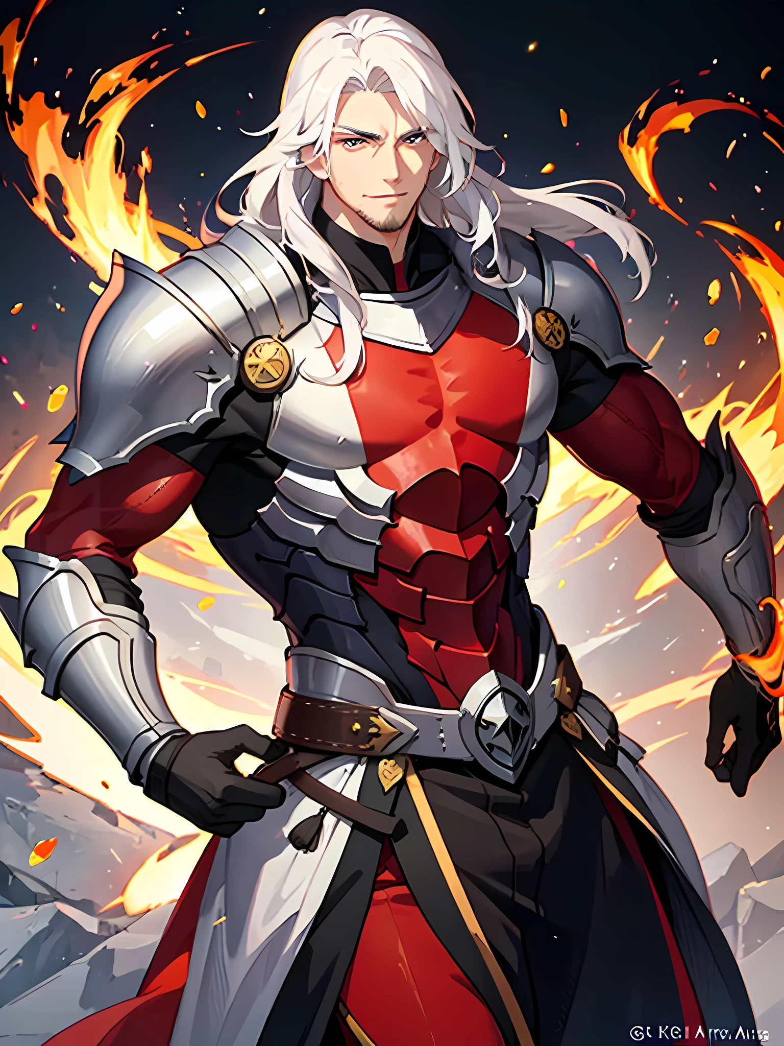 Fire knight, emperor of fire, fire aura, HD, 8K, Fire background, manly muscular man, long white hair, manly looking face, small smile