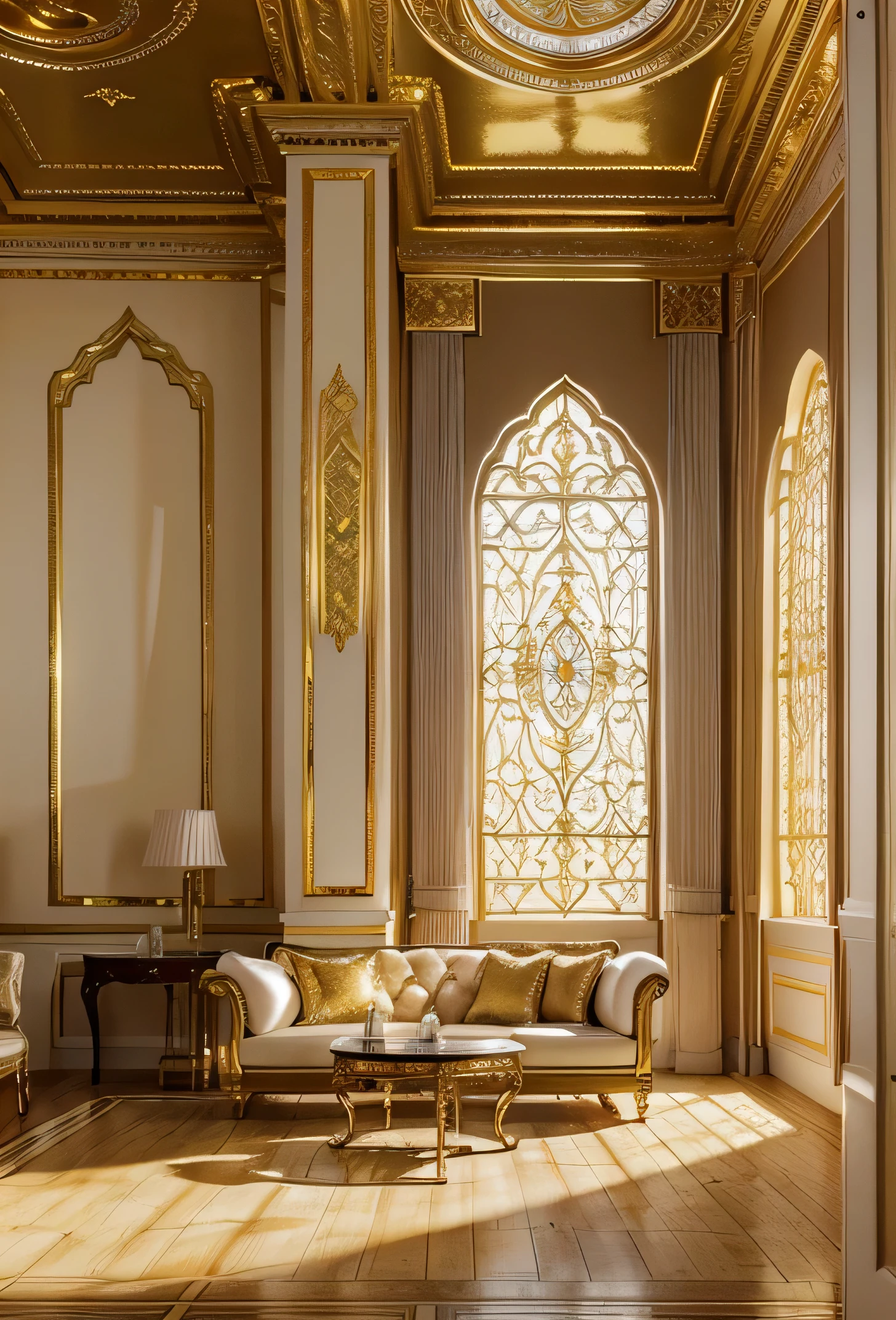 Generate a background image resembling a spacious room with a castle-like ambiance, featuring predominantly white tones with hints of gold. Envision the scene as follows:
1. Set the backdrop as a vast, airy chamber with high ceilings and expansive white walls, reminiscent of the interior of a grand medieval castle.
2. Incorporate elements of opulence and elegance, such as large arched windows adorned with intricate golden filigree, allowing soft daylight to filter into the room.
3. Design the flooring with polished white marble, reflecting the light and adding to the luminous atmosphere of the space.
4. Introduce golden accents throughout the room, including ornate gilded moldings along the walls and ceiling, as well as golden trim on plush furnishings such as sofas, chairs, and draperies.
5. Place majestic golden chandeliers suspended from the ceiling, casting a warm, inviting glow across the room and highlighting the golden accents.
6. Consider adding decorative touches like gold-framed mirrors, paintings featuring scenes of medieval nobility, and intricately carved wooden furniture with gold inlays.
7. Ensure that the overall ambiance exudes a sense of luxury, refinement, and nobility, evoking the feeling of being in a grand hall within a magnificent castle.