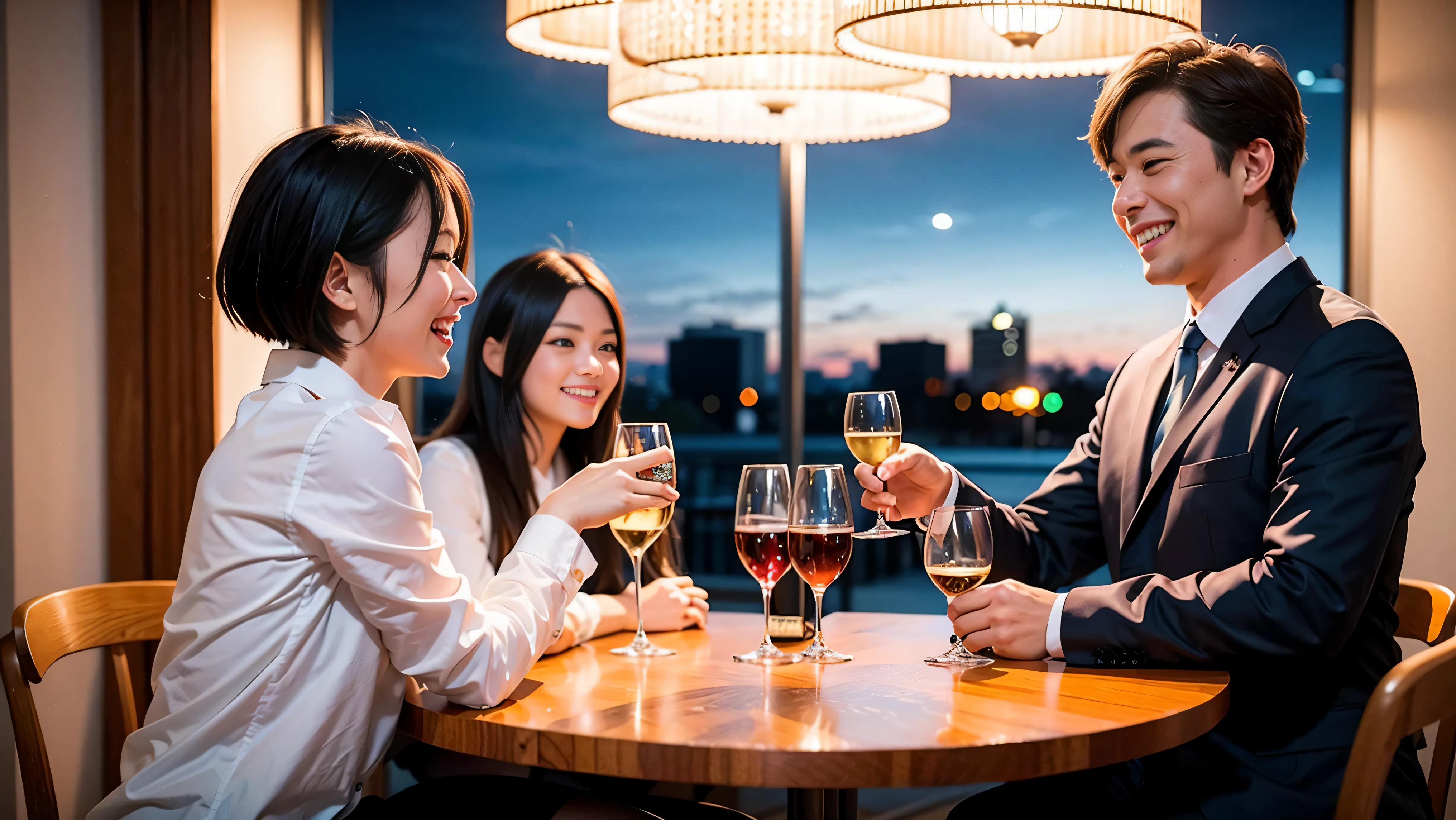 64k, UHD, highest quality, masterpiece: 1.2), (realistic, photorealistic: 1.37), Super detailed, celebration party、party of 5、3 women who love wine、2 males、sparkling glass、Japanese sake、Shochu、champagne、Sparkling wine、winter night、restaurantでワイン宴会、(slimな男女4名),(Wine party for 5 people)、(slimフェイス),Happy、 最高なsmile、Fox Face、Berry Short、(because I'thin), (brown hair), (shortcut), long sleeve shirt、winter fashion、Japanese、Dutch、German、Portuguese、Belgian、Italian、french, (gush), (slimボティ), (brown hair), (shortcut), Neat beauty、cheeks blush a little, (36 years old), 38 years old, alone, A beautiful and detailed night view spreads out outside the window..., restaurant, wine glassが座っている, At night, in a prominent place (from the Upper body) nova frog style, actress, model, Upper body, White wine, slim, wine glass, very beautiful night view, wine glass Put in the Middle, Happy smile, (smile: 1.15),