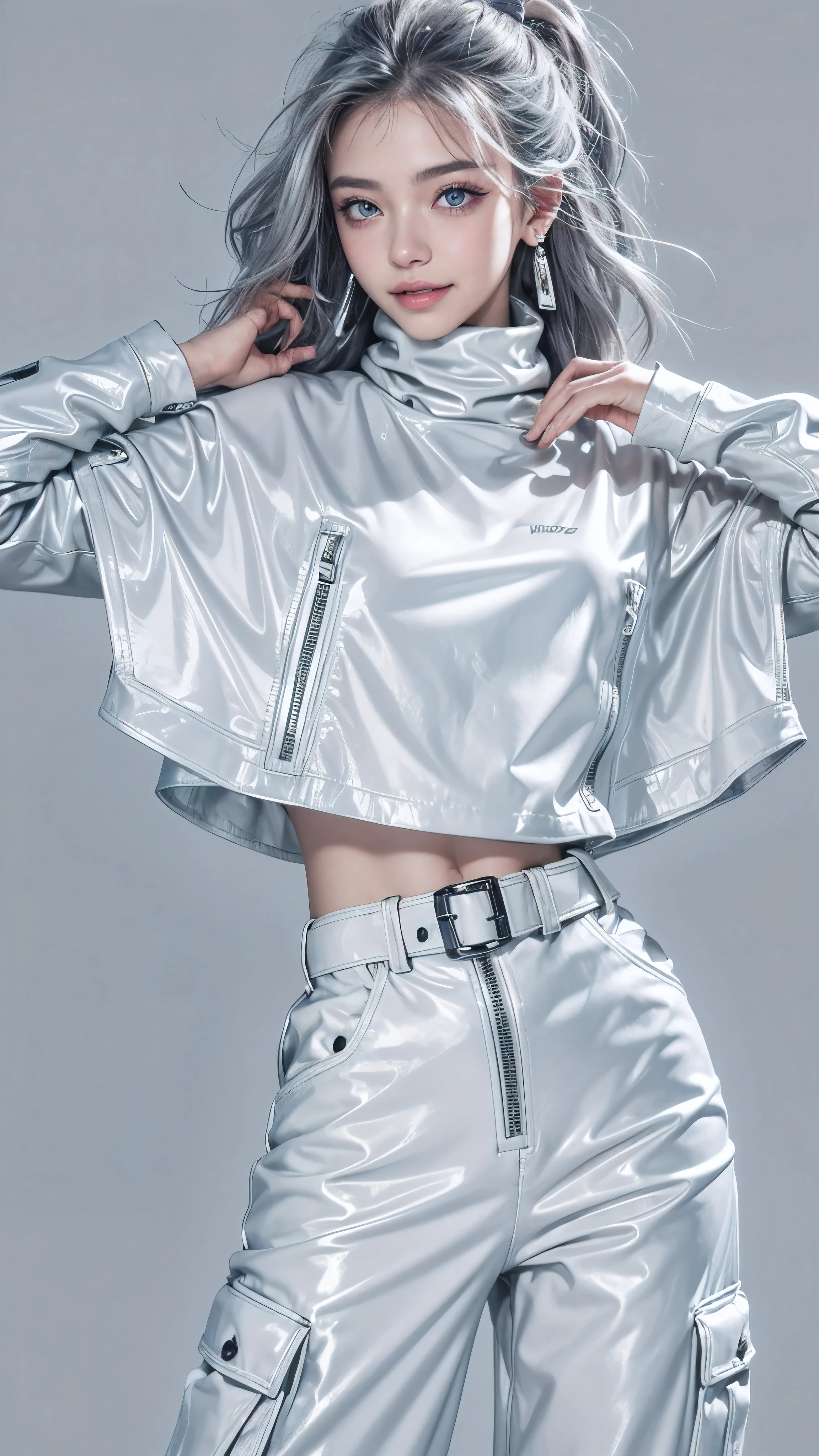 (Realistic:1.2), (fashion portrait:1.6), (brand collection, fashion brand theme:1.6), (detailed, beautiful, masterpiece, best quality:1.2), _ BREAK (1girl:1.2), 22 years old, 160 cm, Japanese cute model, Tightened all body, large Breasts, small head, small face, diamond Face, small nose, Sharp Faceline, Detailed face, Detailed eyes, young hands and fingers, beautiful hands and fingers, five fingers, _ BREAK (happy, smile, Glossy Lips:1.3), (Light color lips, Half open mouth, beautiful Teeth:1.2), (dropy eyes, Double eyelid, light color eyes, Shiny eyes:1.5), Shiny skin, _ BREAK (arranged hairstyle:1.4), (gray hair, shiny hair, _ BREAK (gray background:1.4), mist, fog _ BREAK (wide angle:1.4), (standing, fashion model pose:1.2), focus face, from below, (from front white lightning:1.4), BREAK (Cyberpunk and onepiece and onepiece fusion:1.3), ((wear an oversized black wool turtleneck with rubberized surface) for a luxurious, futuristic, poncho, nylon, and Breaker feel:1.2),(Complex simple maximum poncho:1.2), (Cylindrical poncho:1.2), (A lot of cloth:1.2), (large sleeves:1.2), (7/8 length:1.2), (over sized baggy leather jacket:1.2),(simple yet cyberpunk-themed design:1.3), BREAK (white cargo pants:1.2), (edgy and versatile:1.2),(silver earrings:1.2),