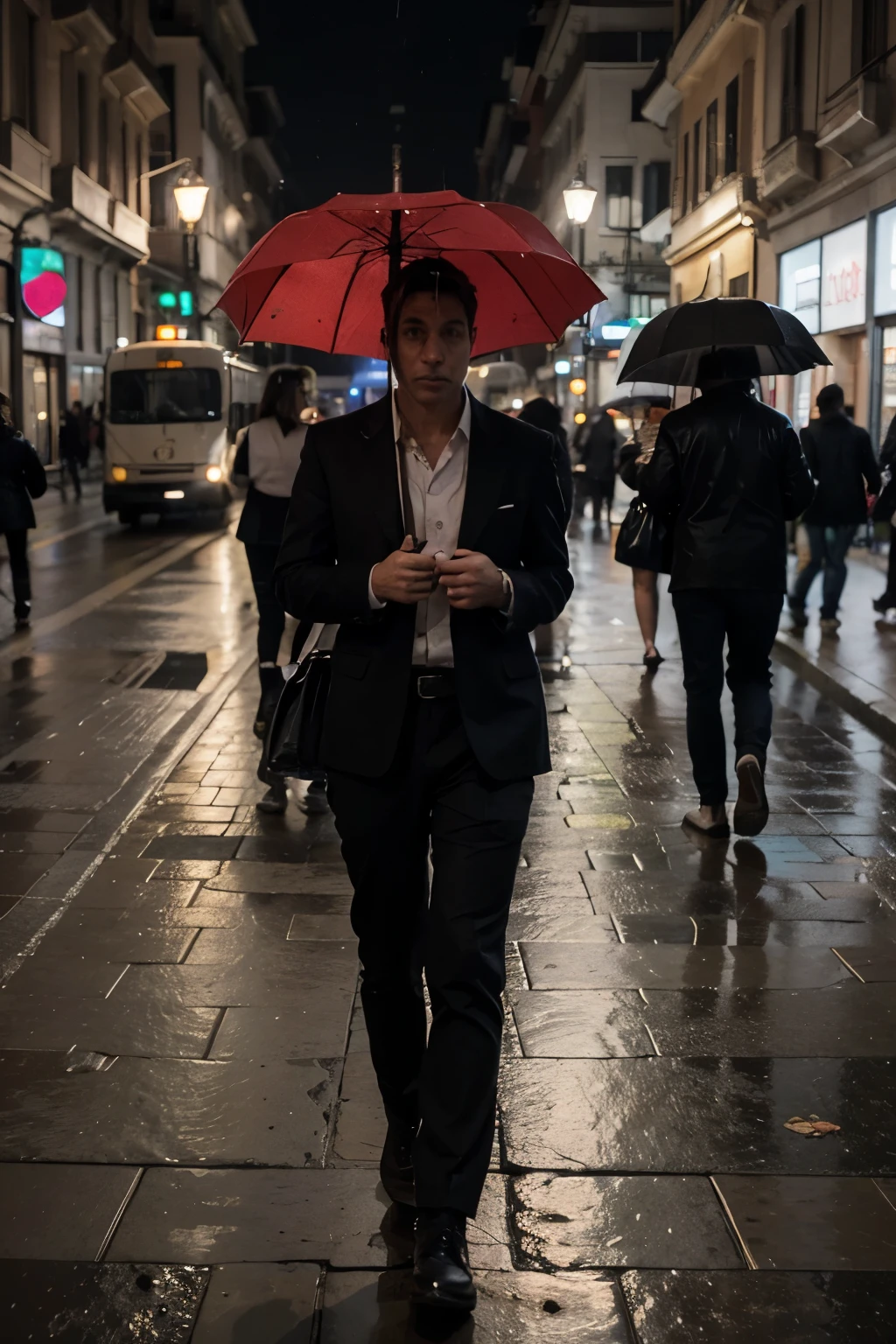 The photo is taken at the beginning of a street in Milan, in the frame there is a cable-car and passers-by. It's the evening, it's raining hard. There is a man with a red umbrella.