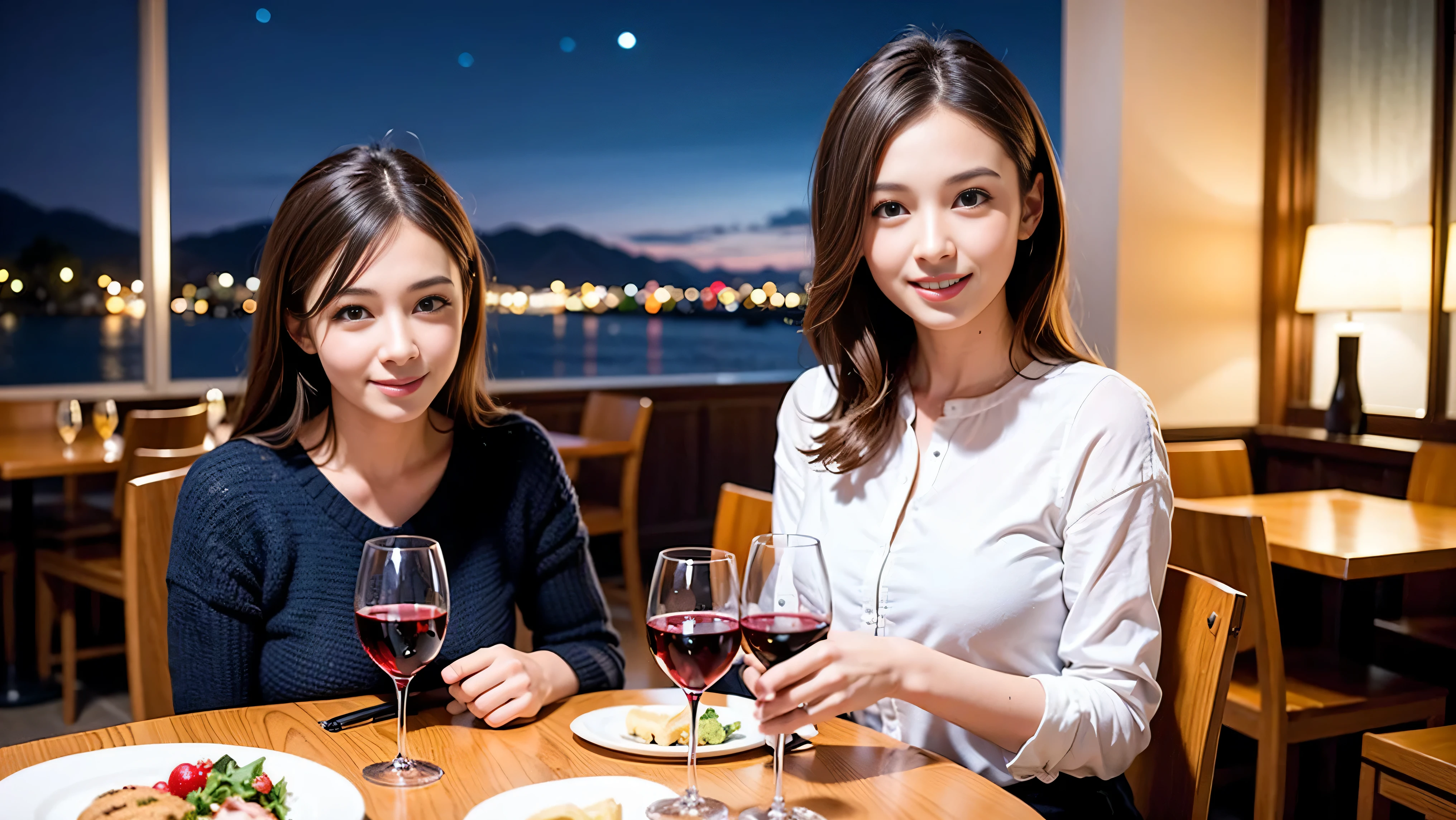 64k, UHD, highest quality, masterpiece: 1.2), (realistic, photorealistic: 1.37), Super detailed, celebration party、party of 5、3 women who love wine、2 males、sparkling glass、Japanese sake、Shochu、champagne、Sparkling wine、winter night、restaurantでワイン宴会、(slimな男女4名),(Wine party for 5 people)、(slimフェイス),Happy、 最高なsmile、Fox Face、Berry Short、(because I&#39;thin), (brown hair), (shortcut), long sleeve shirt、winter fashion、Japanese、Dutch、German、Portuguese、Belgian、Italian、french, (gush), (slimボティ), (brown hair), (shortcut), Neat beauty、cheeks blush a little, (36 years old), 38 years old, alone, A beautiful and detailed night view spreads out outside the window..., restaurant, wine glassが座っている, At night, in a prominent place (from the Upper body) nova frog style, actress, model, Upper body, White wine, slim, wine glass, very beautiful night view, wine glass Put in the Middle, Happy smile, (smile: 1.15), 