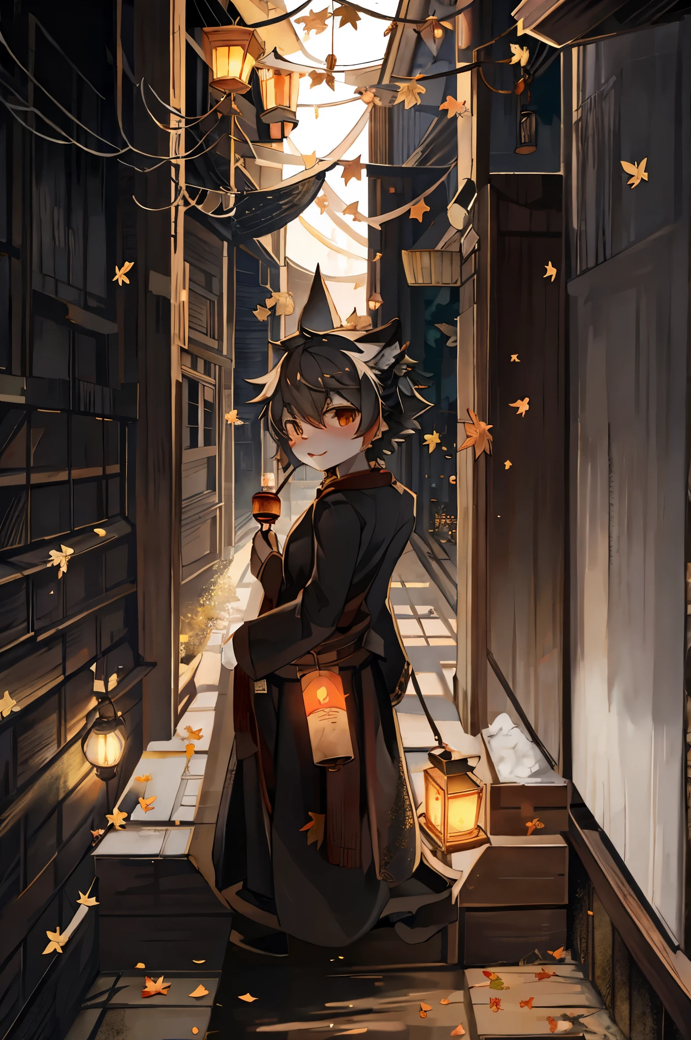 antiquity，Lantern in hand，falling maple leaves，evening