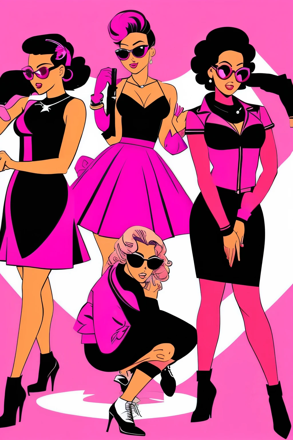 Craft an animated artwork inspired by the animated opening credits of Grease, reimagined with an all-Black cast prominently featuring the T-Birds and Pink Ladies. Depict a bustling high school scene filled with Black students engaged in various activities, with a focus on the T-Birds and Pink Ladies as central characters. Embrace the retro animated style of Grease, incorporating fluid movements and expressive poses. Utilize a bold color palette, including shades of red, pink, and black, to evoke the classic Grease aesthetic while celebrating Black culture. Ensure that the T-Birds and Pink Ladies stand out with distinctive clothing, hairstyles, and accessories, reflecting their unique personalities and roles within the narrative.