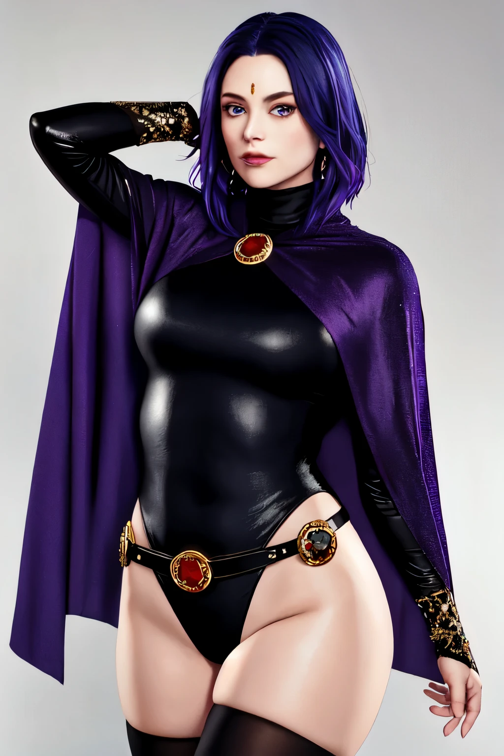 1girl, RVN cowboy photo, Hotraven, woman, Pale skin, black leotard, turtleneck, tights, cape, bright eyes, gold belt, jewelry, medallion, athletic, viewer looking, night, dark forest, mist, fog, volumetric lighting, best quality, masterpiece, intricate details, tonemapping, sharp focus, hyper detailed, trendy on Artstation, realistic, in a seductive pose to please viewer