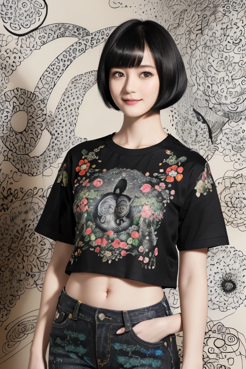 153
(Black Shorthair:1.46), (a 20 yo woman), (A hyper-realistic), (Masterpiece), (8KUHD), (gentle smile), Slender waist, Wearing jeans, ((Floral Clothing - T-Shirts)), Wearing long pants, abstract painting, (doodle:1.46), (brest:1.1), (口紅)