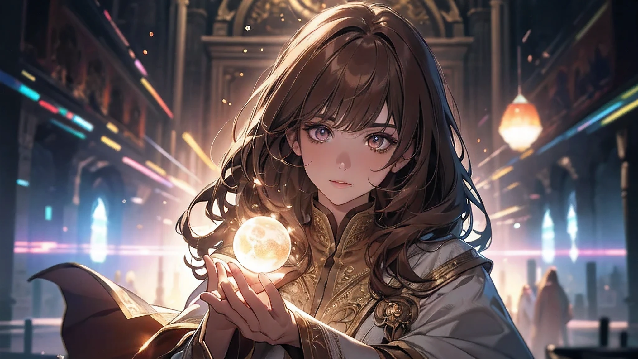 (ultra-detailed CG unity 8k wallpaper, masterpiece, best quality, depth of field, HDR, intricate), from Greg Rutkowski, (detailed face, detailed eyes), magician, enchanting, mystical, spellbinding, mystical powers, flowing robe, glowing orbs, captivating aura, mesmerizing stage, wondrous illusions, mysterious atmosphere, thick brown hair, brown eyes, plump lips, face detailed