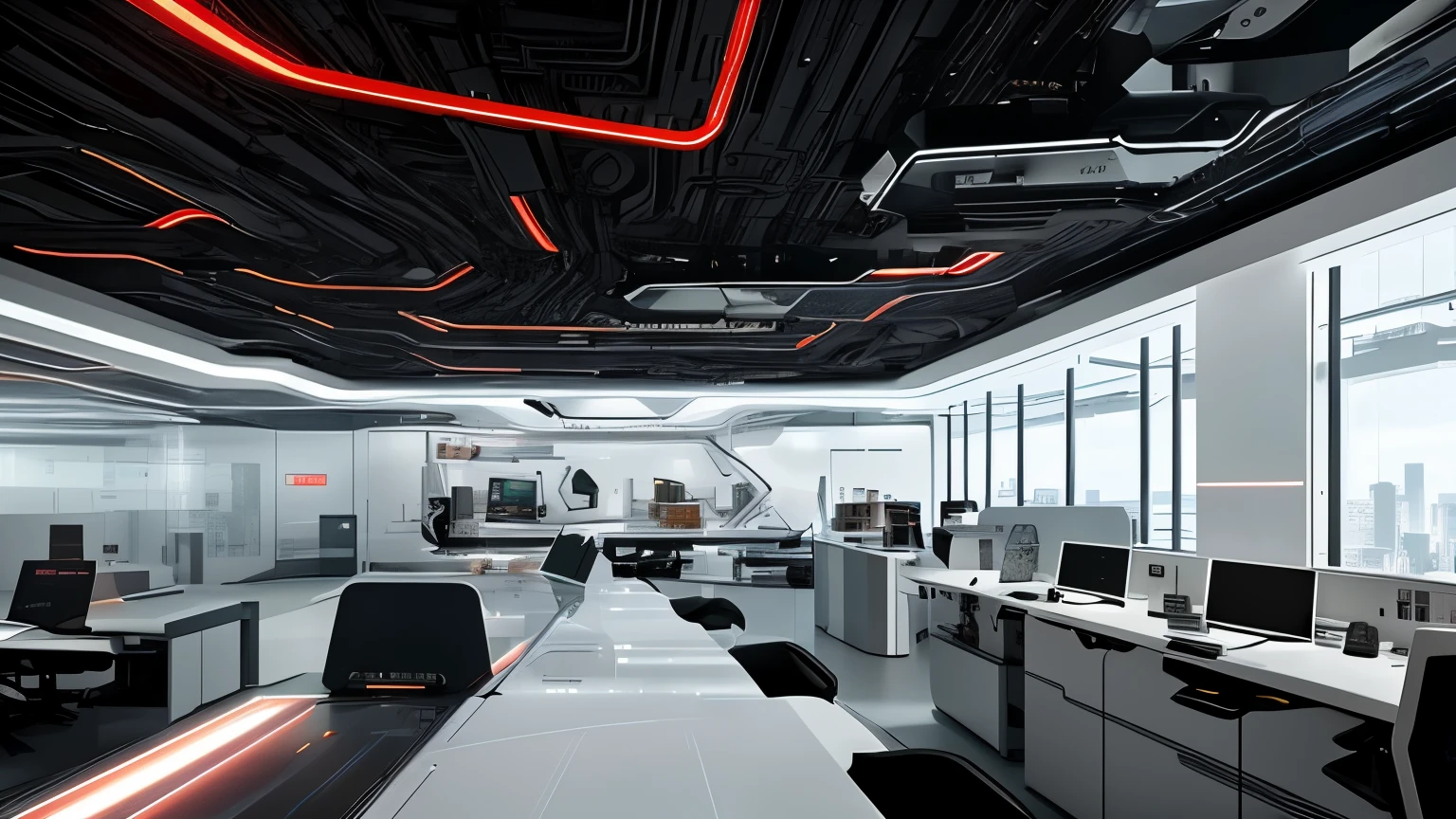 A futuristic scene unfolds on a pristine white background, where advanced technology and robots coexist. A lone robot, adorned in red accents, engages in focused work alongside numerous people in an office setting. This robotic moi, a modern-day cyborg, sits at a table laden with books. A blackboard in the background displays intricate texts and diagrams, adding to the intellectual atmosphere of the scene. The room is filled with the hum of machinery and the quiet concentration of workers, creating an intriguing blend of technology and human interaction. Cinematic, hyperdetailed, and filled with intrigue, this image is a testament to the possibilities of white future technology