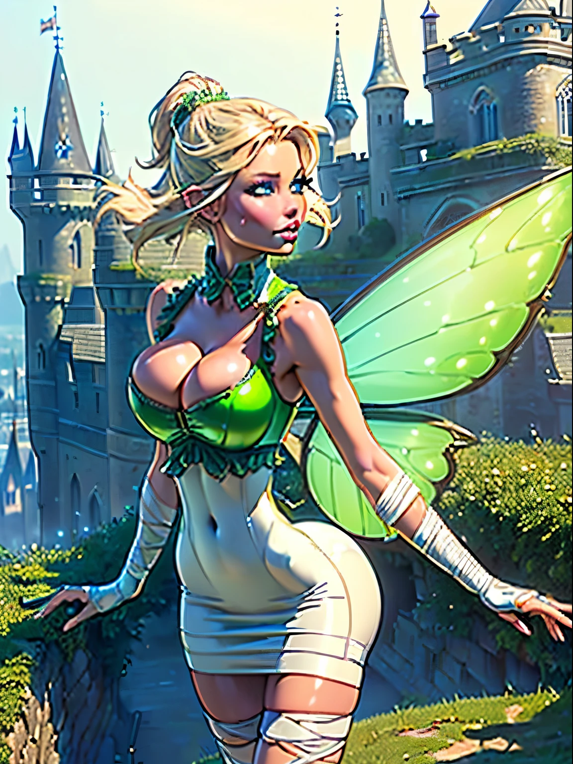 (((Backview))), (masterpiece, top quality, best quality, official art, beautiful and aesthetic:1.2), (1girl:1.3), (Tinkerbell), (Disney), blonde hair, extremely detailed, portrait, ((navel cutout)), (slendered abs:1.4), bravel, fairy from Peter Pan, (Aletta ocean face), (wings protrude from back back muscles), looking at viewer, solo, (full body:0.6), detailed background, close up, blue eyes, (cool castle theme:1.1), (((white skin, fairy wings, shiny skin, (bandaged hand gloves, bandaged fingers), fairy woman, spread out fairy wings, charlatan, sinister smirk, mysterious, shapeshifting in a castle, revealing tube dress, long lime green heels, long boots, buckles, straps, pouches, collar, sleeveless, lime green latex, ((((breasts, cleavage, skindentation)))), slim waist, slim hips, long legs, fantasy (castle interior:1.1) background, dark mysterious lighting, shadows, magical atmosphere, dutch angle