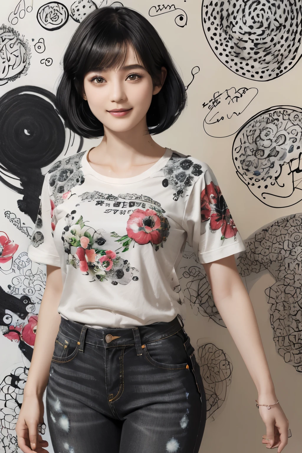 153
(Black Shorthair:1.46), (a 20 yo woman), (A hyper-realistic), (Masterpiece), (8KUHD), (gentle smile), Slender waist, Wearing jeans, ((Floral Clothing - T-Shirts)), Wearing long pants, abstract painting, (doodle:1.46), (brest:1.1), (口紅)