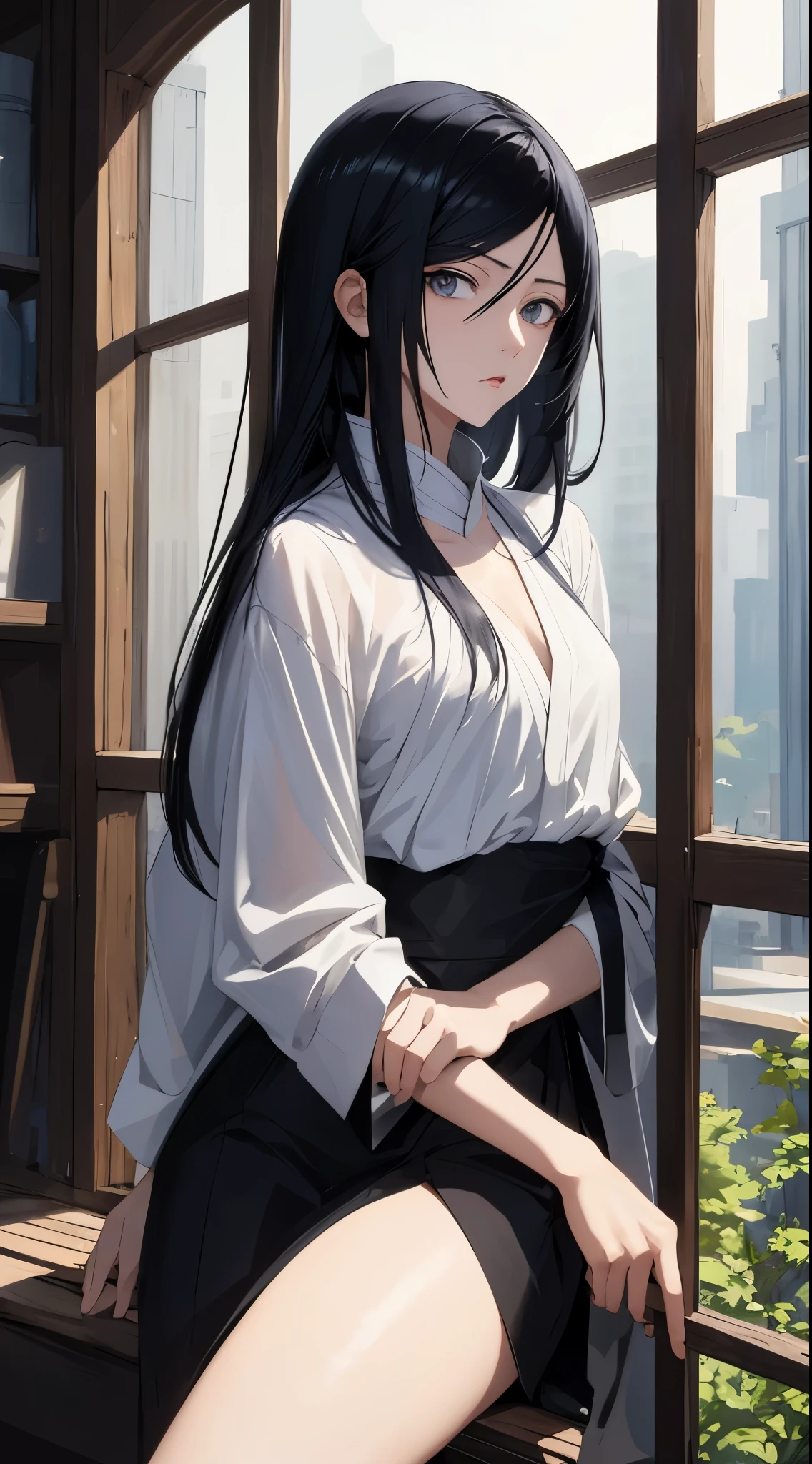 (anime,masterpiece, top quality, Best quality,beautiful and aesthetically pleasing:1.2,professional illustration:1.1,Ultra detail:1.3, Official art, professional illustration, Ultra-detailed image, Ultra-precise image, extremely detailed illustration in 8k resolution, a high resolution, Ultra detailed painting, soft shadows), (girl), Rukia kuchiki \(cosplay\), Cool beauty, mother, glossy, (black hair of medium length), (loose hair), small breasts, perfect body, pubic hair, костюм синигами Rukia kuchiki, katana zanpakuto in sheath
