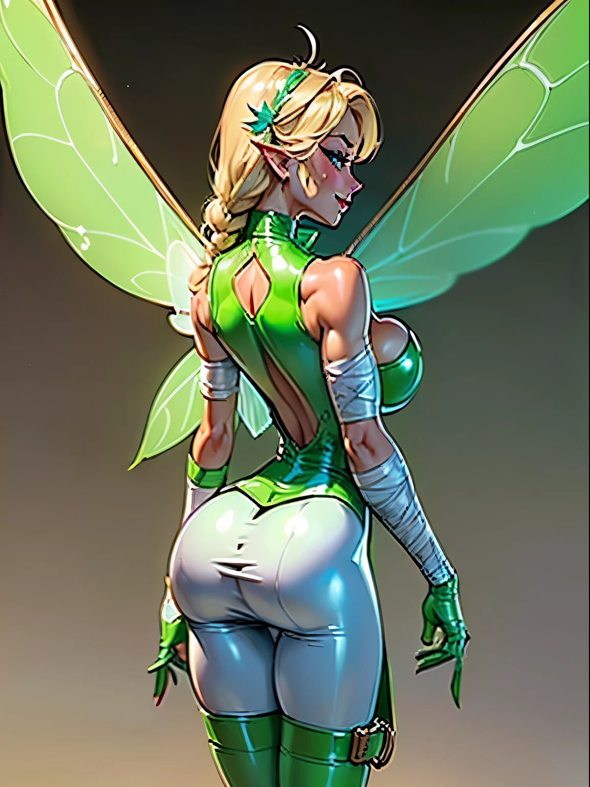 (((Backview))), (masterpiece, top quality, best quality, official art, beautiful and aesthetic:1.2), (1girl:1.3), (Tinkerbell), (Disney), blonde hair, extremely detailed, portrait, ((navel cutout)), (slendered abs:1.4), bravel, fairy from Peter Pan, (Aletta ocean face), (wings protrude from back back muscles), looking at viewer, solo, (full body:0.6), detailed background, close up, blue eyes, (cool castle theme:1.1), (((white skin, fairy wings, shiny skin, (bandaged hand gloves, bandaged fingers), fairy woman, spread out fairy wings, charlatan, sinister smirk, mysterious, shapeshifting in a castle, revealing tube dress, long lime green heels, long boots, buckles, straps, pouches, collar, sleeveless, lime green latex, ((((breasts, cleavage, skindentation)))), slim waist, slim hips, long legs, fantasy (castle interior:1.1) background, dark mysterious lighting, shadows, magical atmosphere, dutch angle