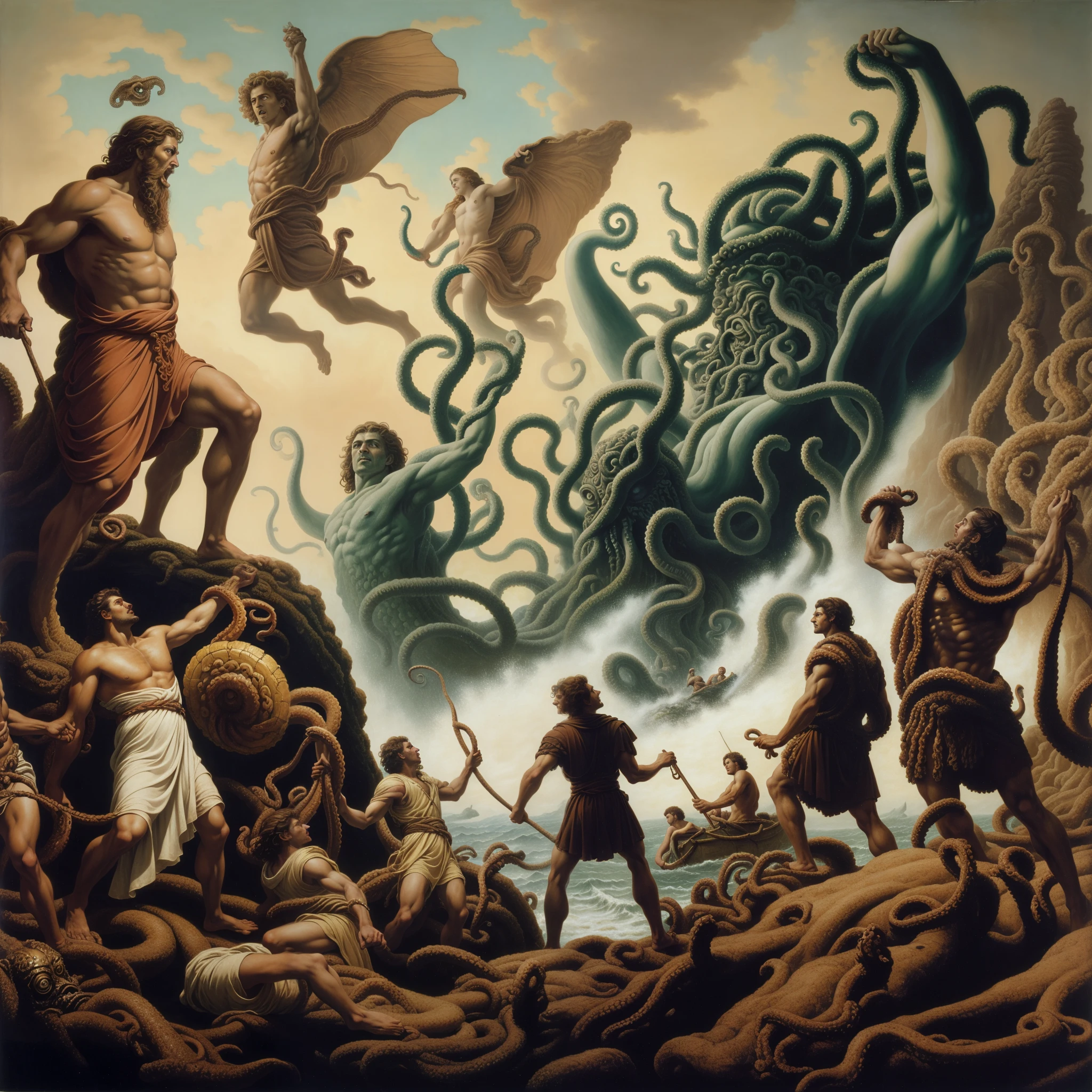 a painting of a group of people standing around a giant octopus, greek myth digital painting, mythology artwork, greek dark myth, scylla and charybdis, the raft of the medusa, lovecraftian background, by Tim Hildebrandt, virgil finlaytim hildebrandt, greek mythology, classic greek mythology, lovecraftian hellscape, epic mythology