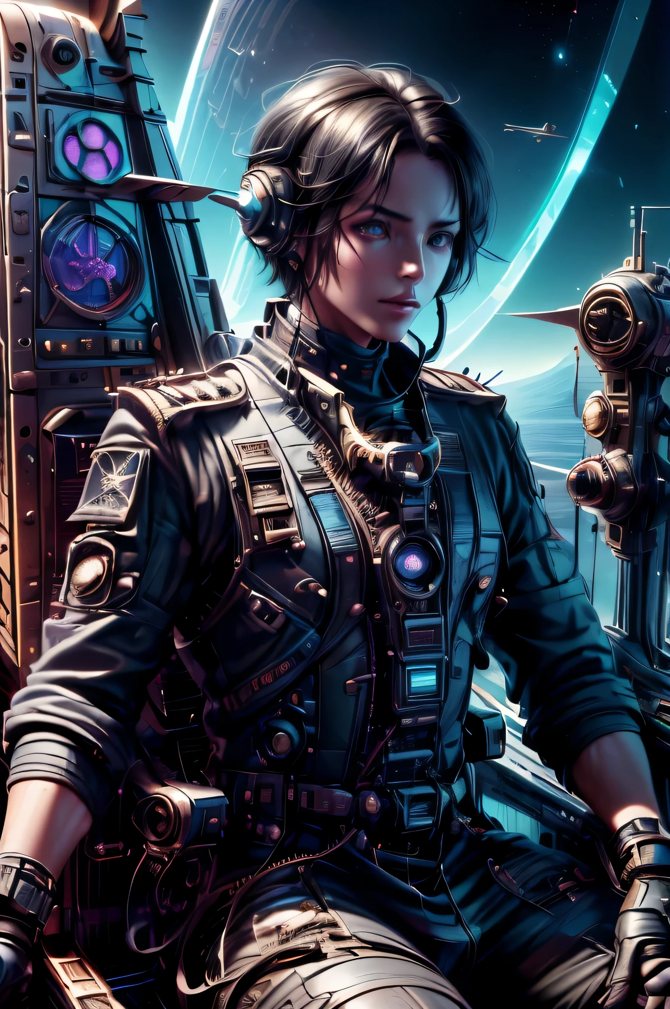 "Science fiction, （Male pilot:1.5) (short black hair:1.1) (Sitting in the cockpit of an airplane:1.5), (firm eyes:1.3) (toned body:1.1) (Precision dial instrument:1.5) sky flier, distant planets, 未来派Science fiction小说, mysterious atmosphere, (otherworldly charm)"