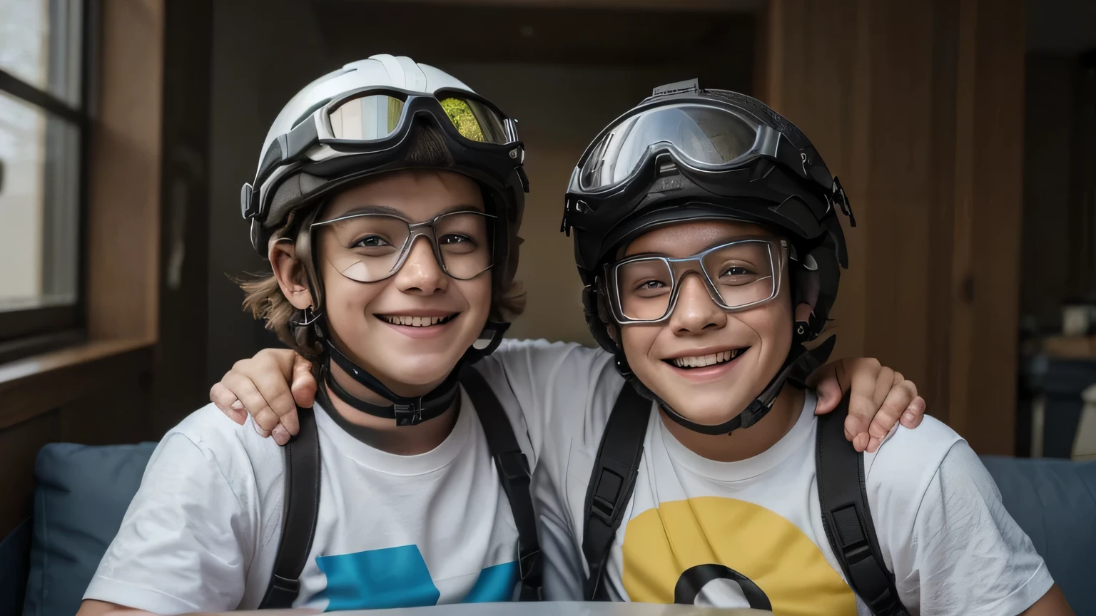 there is a picture of a wearing a helmet and goggles, a picture by Bernie D’Andrea, pexels contest winner, video art, 8 k film still, very excited, high quality upload, a still of a happy, photo still, happy kid with brother , taken in 2 0 2 0, full color still, aviators, photo taken in 2 0 2 0