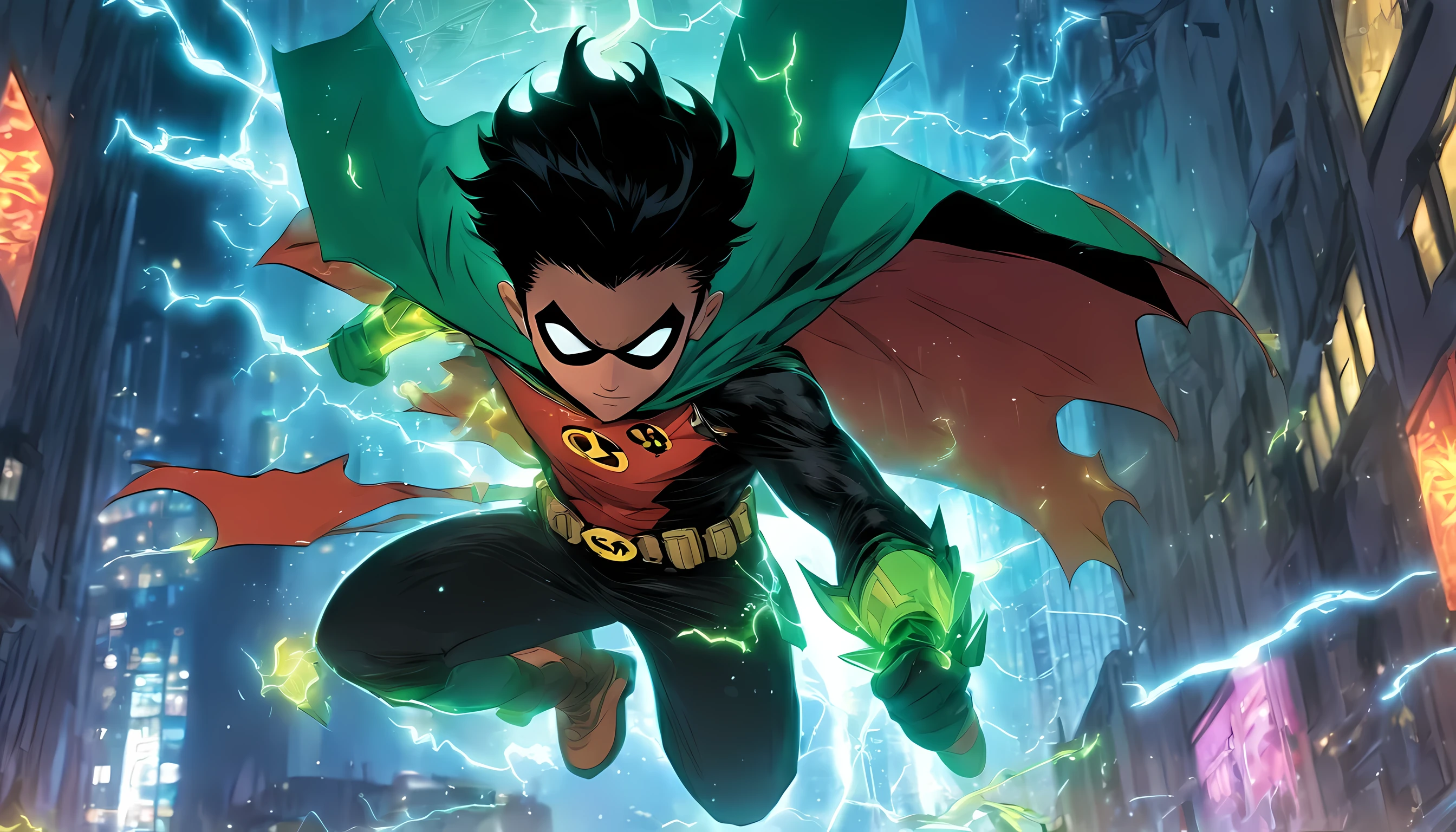 1 boy (damian wayne), wearing robin costume from dc comic and robin face mask, flying around gotham city at night while raining, lightning surrounding his body