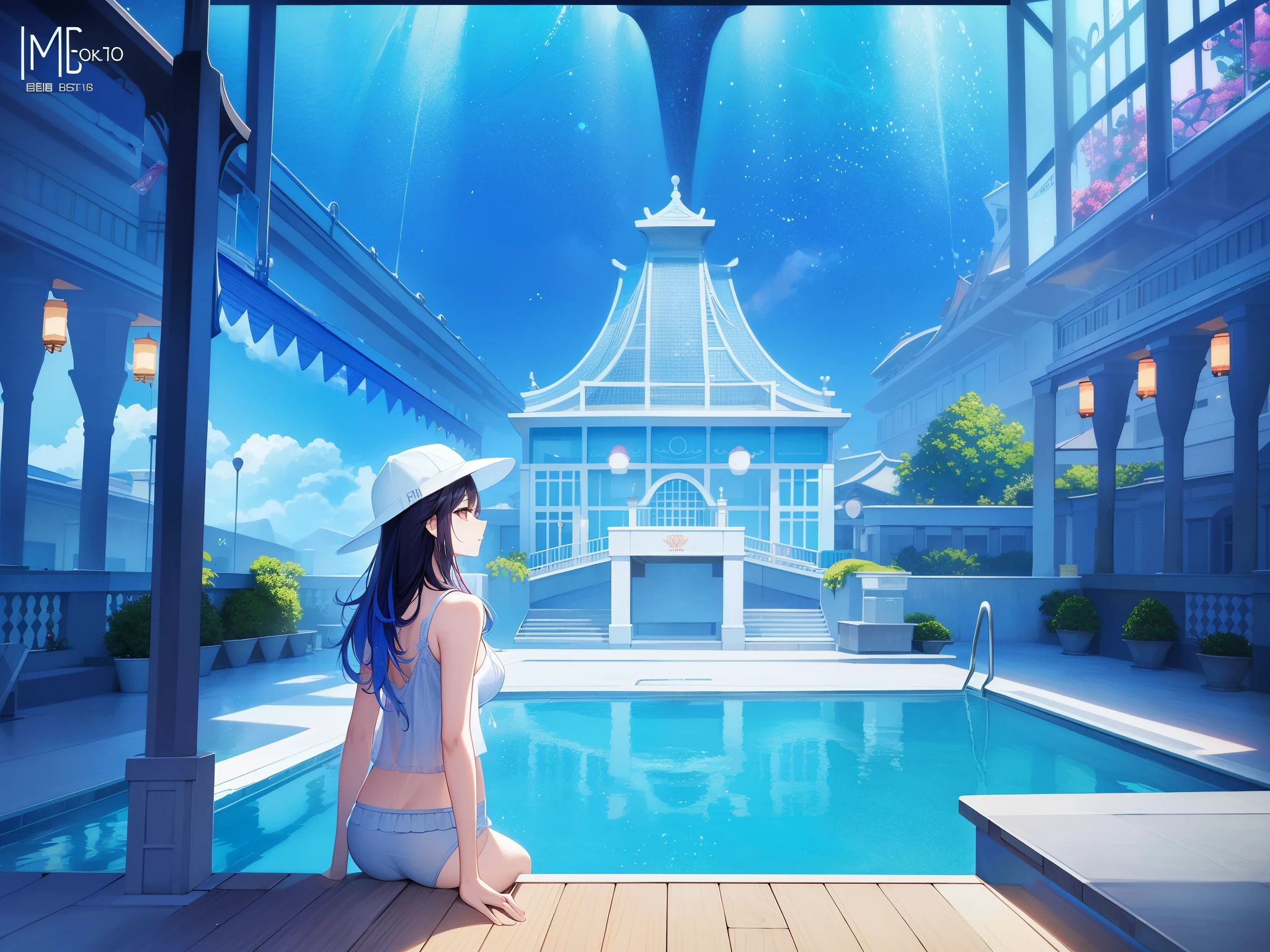 There is a young man wearing a hat and swimming in the pool.、Made by Yumei、beautiful digital artワーク、colorful digital paintings、beautiful artwork illustrations、beautiful digital illustrations、stunning digital illustration、[4K digital art]!!、anime art wallpaper 4k 、anime art wallpaper 4k、Vivid digital painting、beautiful digital art、gorgeous digital art